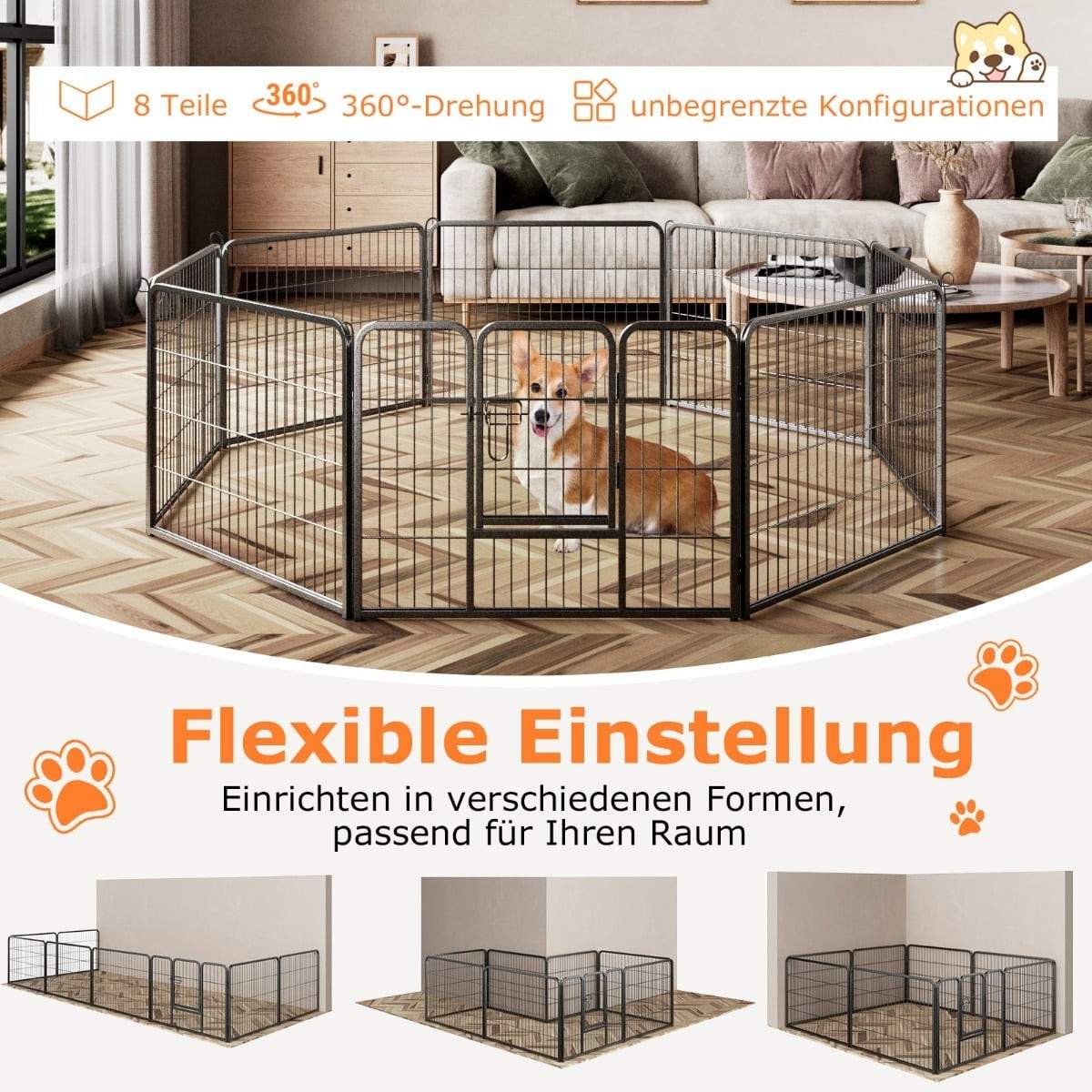 Hvalpegård, 60 cm høj, foldbart metalhegn med 8 paneler