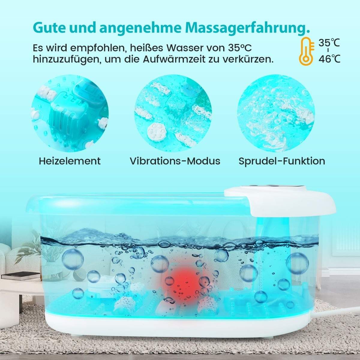 Elektrisk fodspa-massageapparat med varme og bobler, isblå