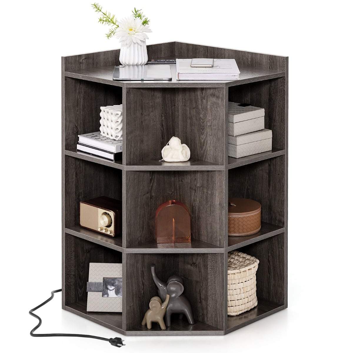 Hjørnebogreol med ladestation – 9 hylder, grå