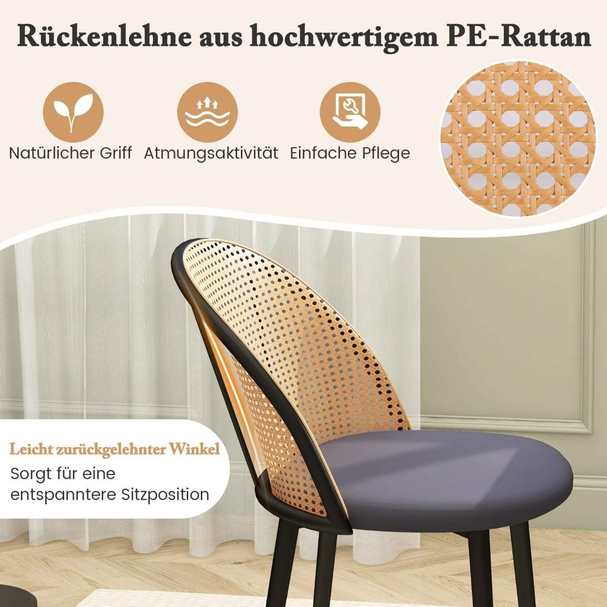 Spisestolesæt med 2 – Rattan ryg, grå, uden armlæn