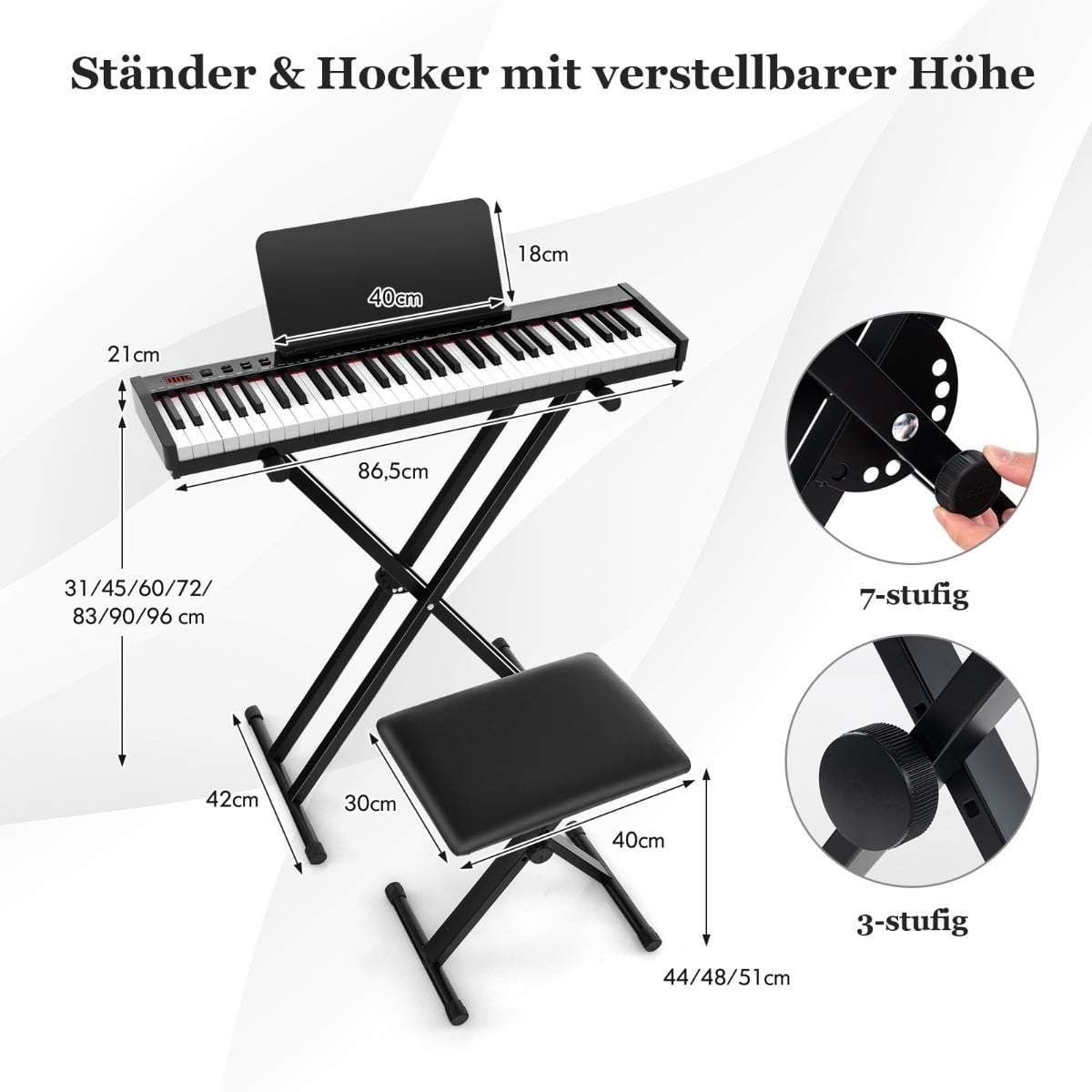 Bærbart elektronisk keyboardsæt med 61 tangenter – stativ og skammel inkluderet