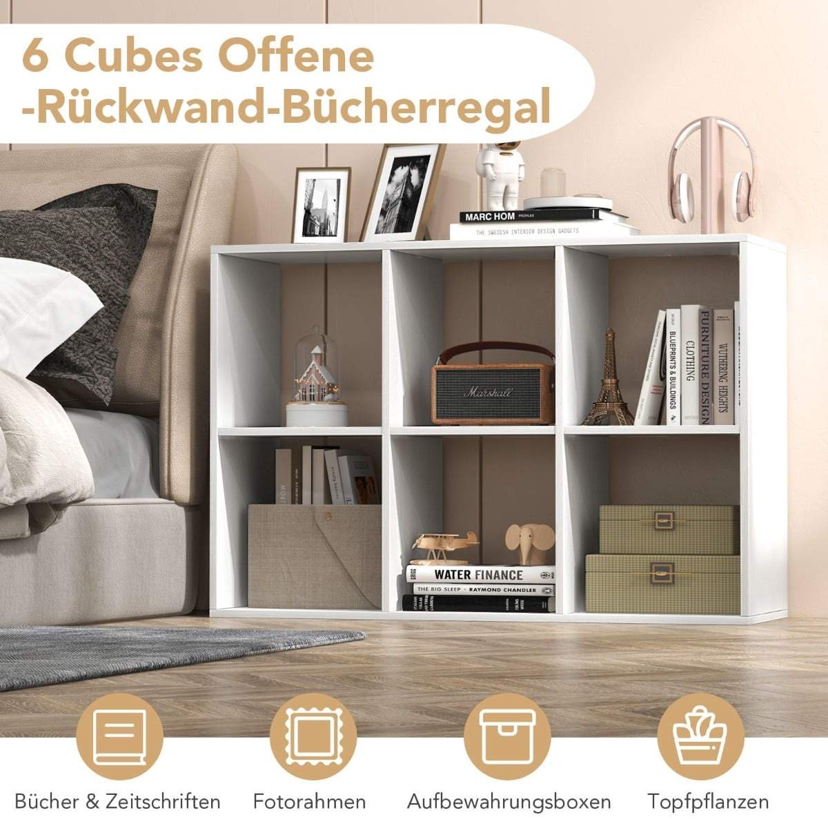 6-kubers bogreol – åben opbevaring, holdbart hvidt træ