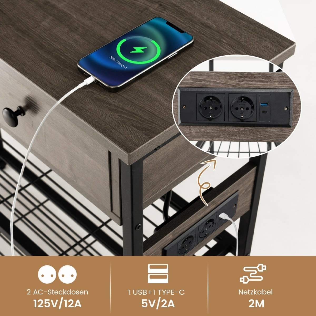 Konsolbord med ladestation, 2 skuffer og metalhylder