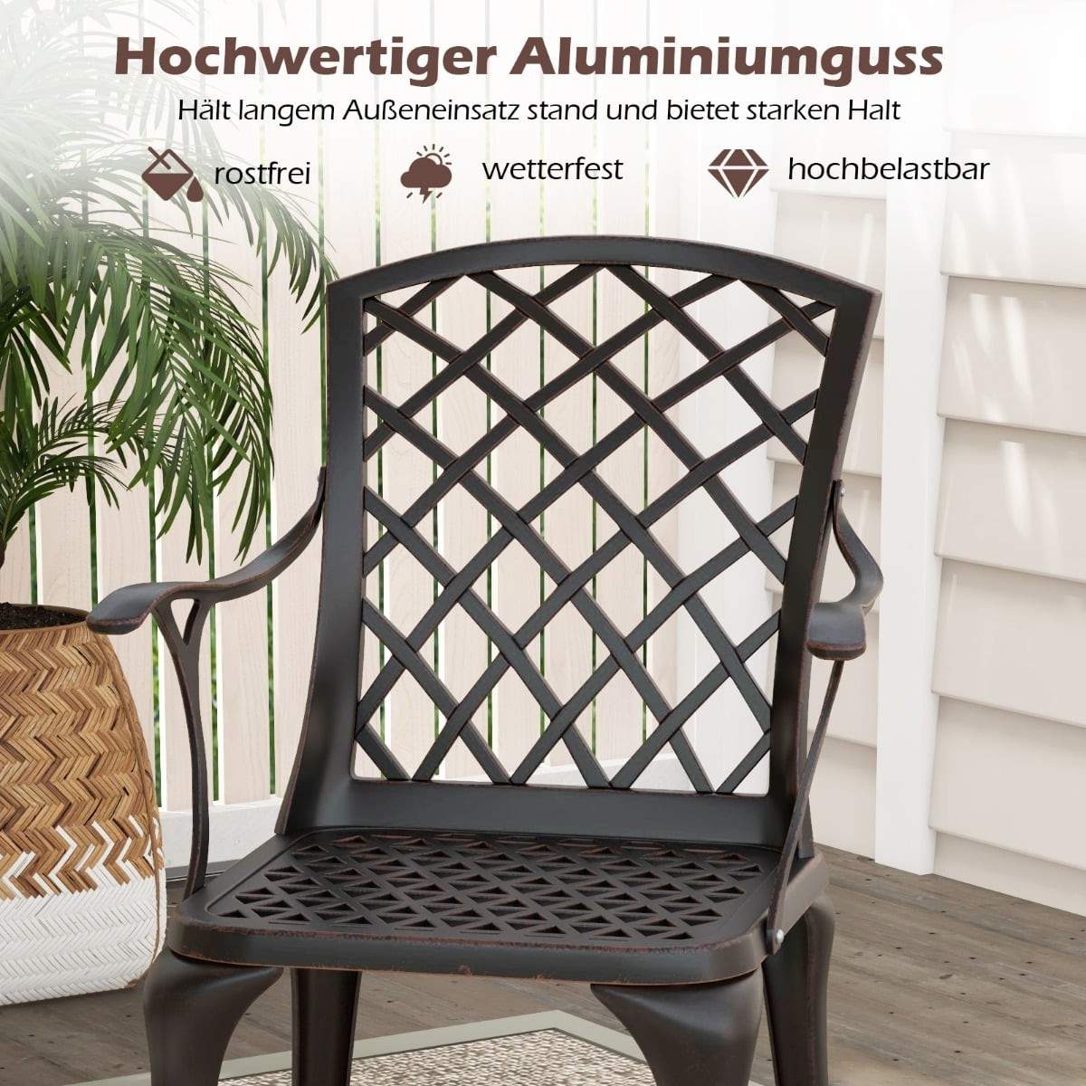 Kobberrøde udendørs spisestole i støbt aluminium – sæt med 2