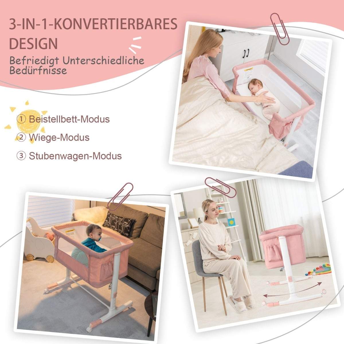 3-i-1 justerbar babyseng – lyserød, bærbar og hyggelig