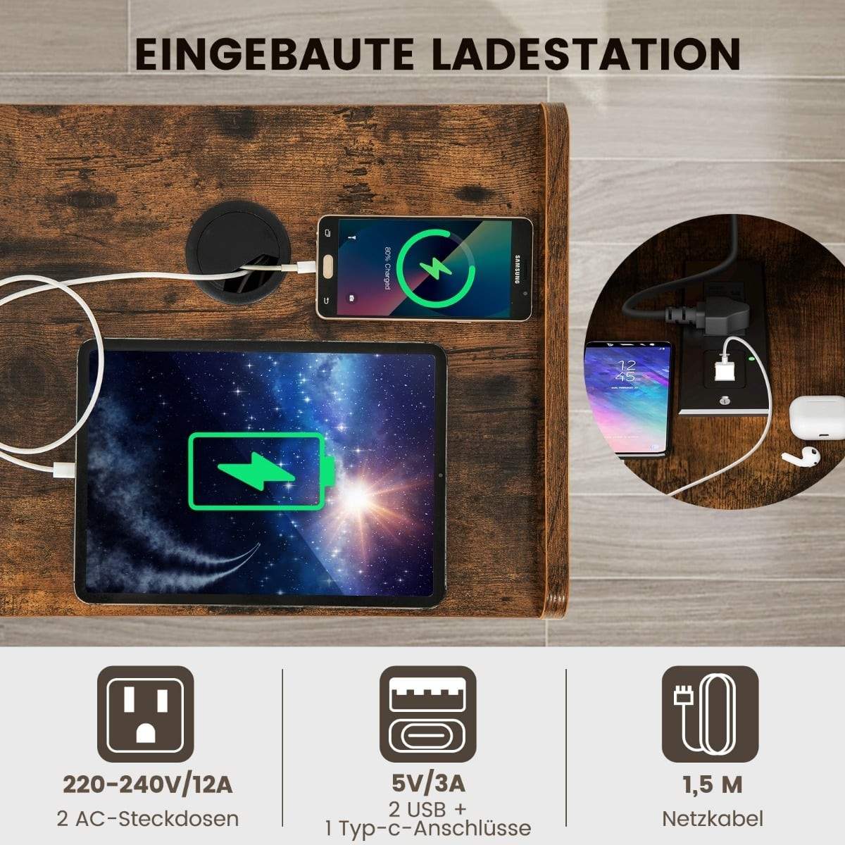 Pladespillerstativ med ladestation og 4 åbne hylder