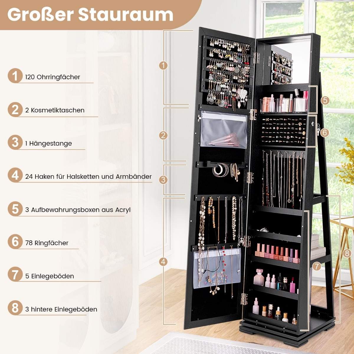 Smyckesskåp med helfigursspegel, roterande bas | Hem & Hobby | Pryloteket