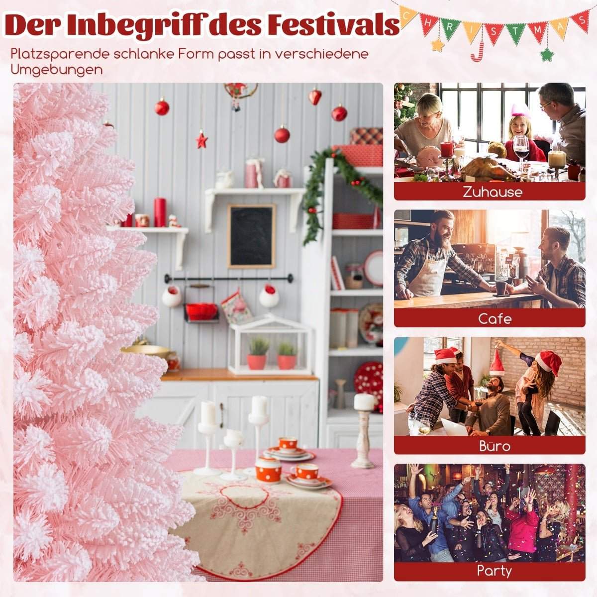 Lyserødt blyantjuletræ med sne, 180 cm, 460 spidser