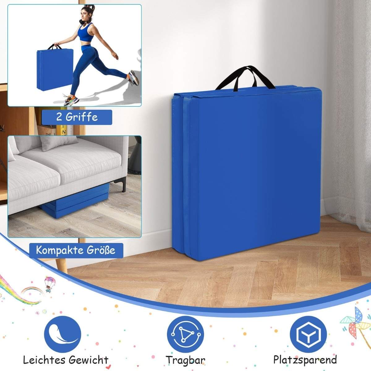 Sammenklappelig gymnastikmåtte med håndtag – skridsikker, 180x60x5 cm