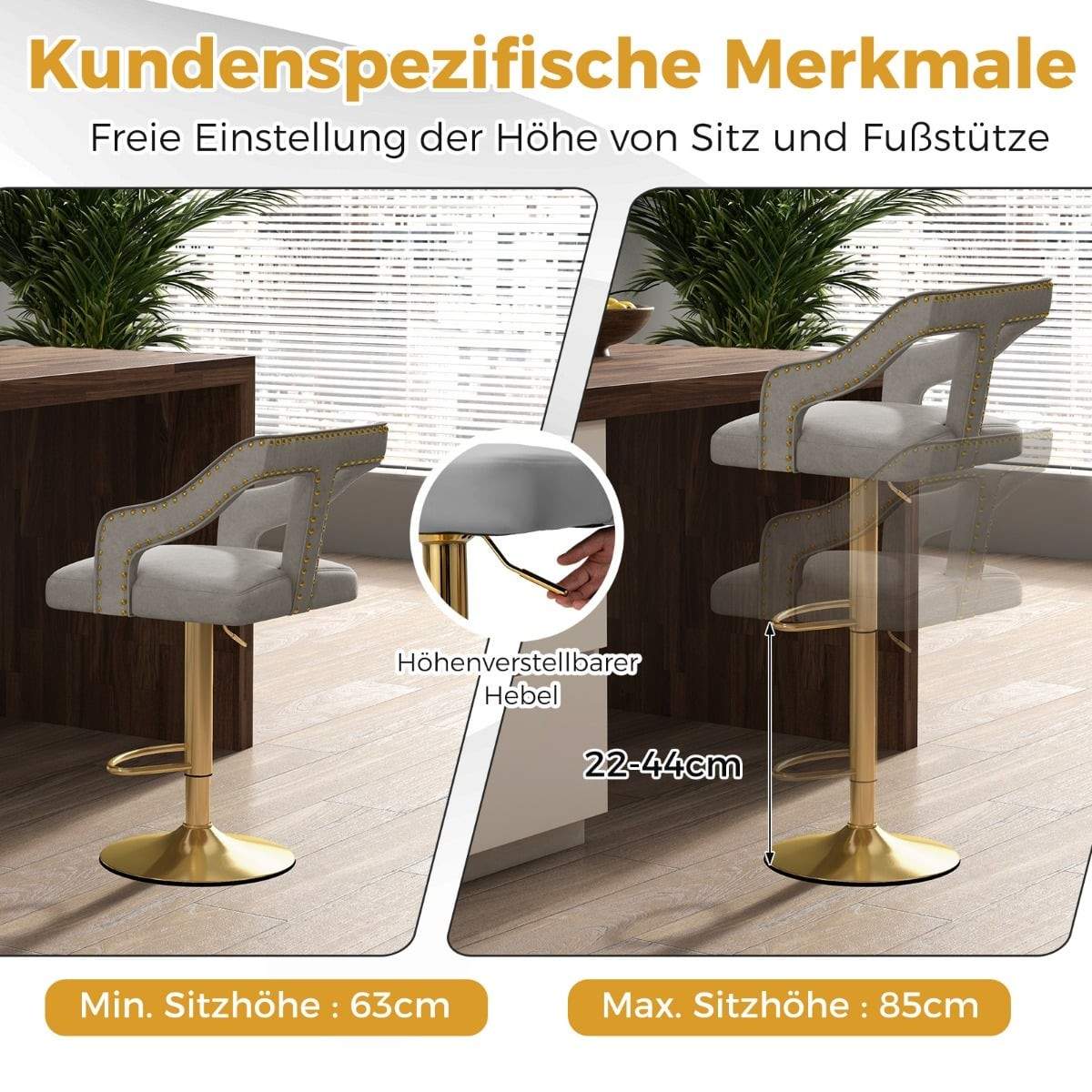 Justerbare fløjlsbarstole, drejelige, sæt med 2, grå