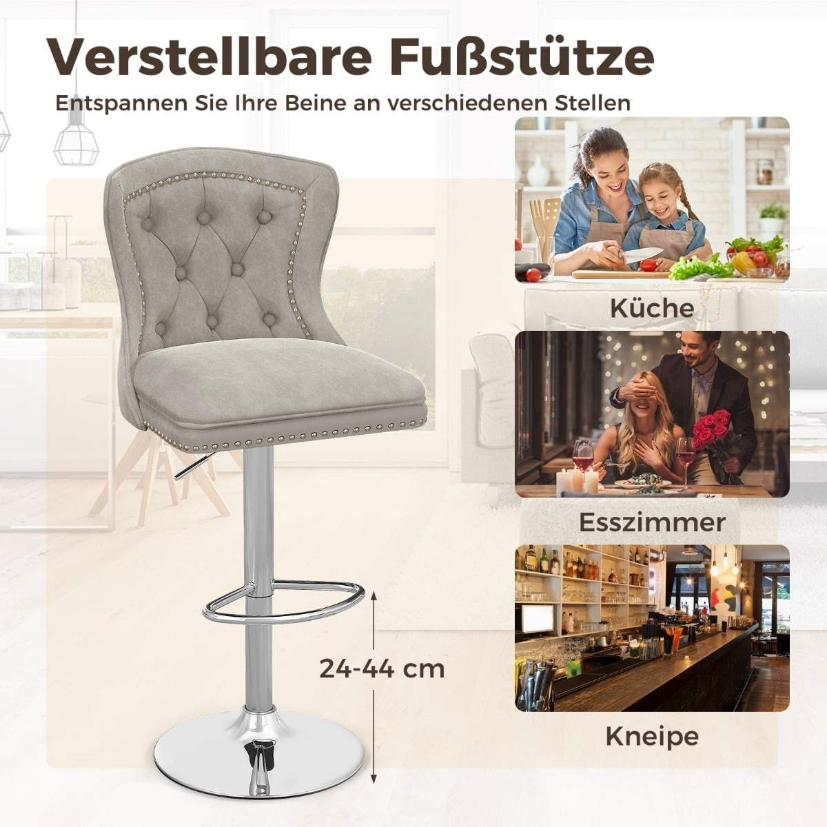 Justerbare barstole i fløjl, 67-87 cm, drejelige, sæt med 2