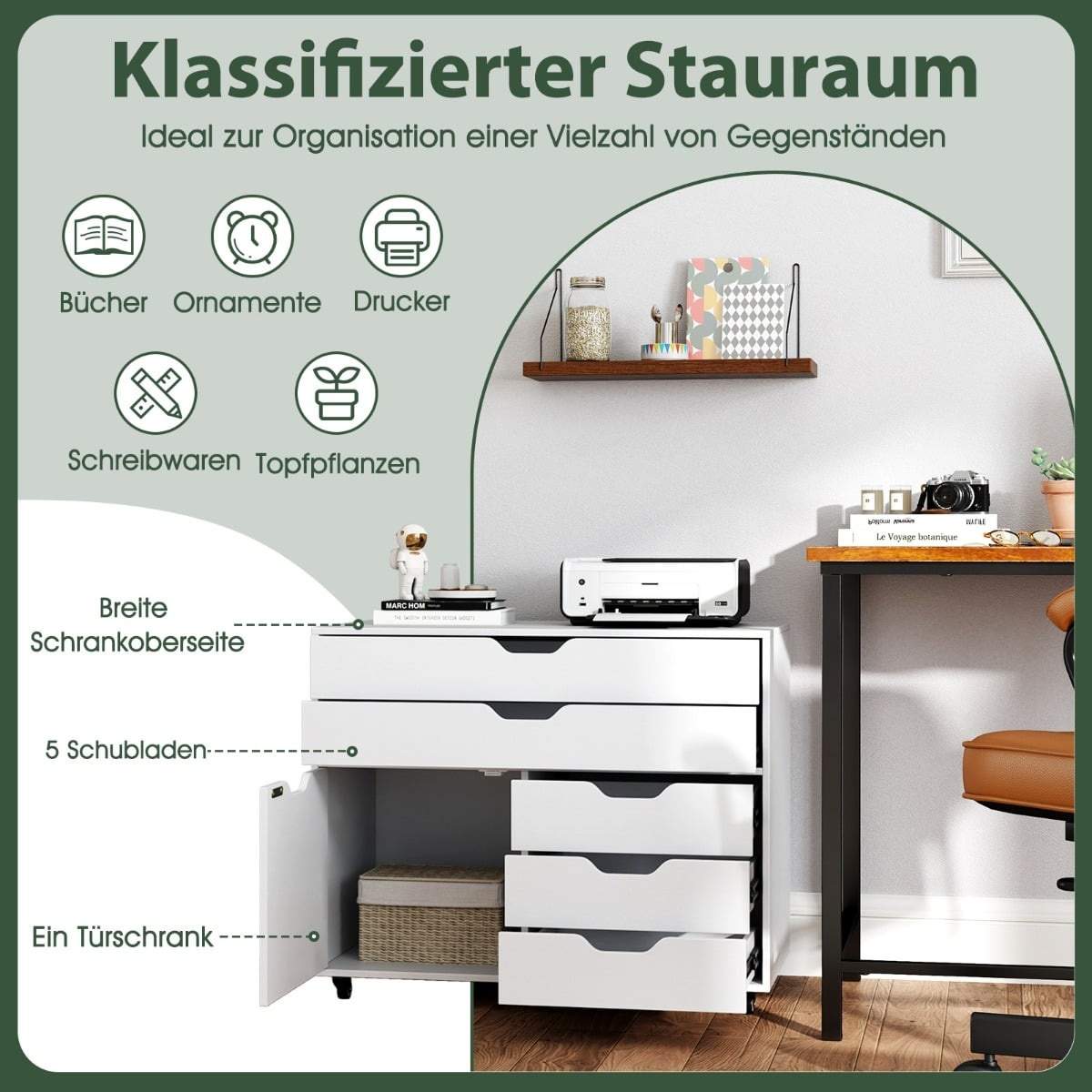 Mobilt arkivskab med 5 skuffer og skab – hvid