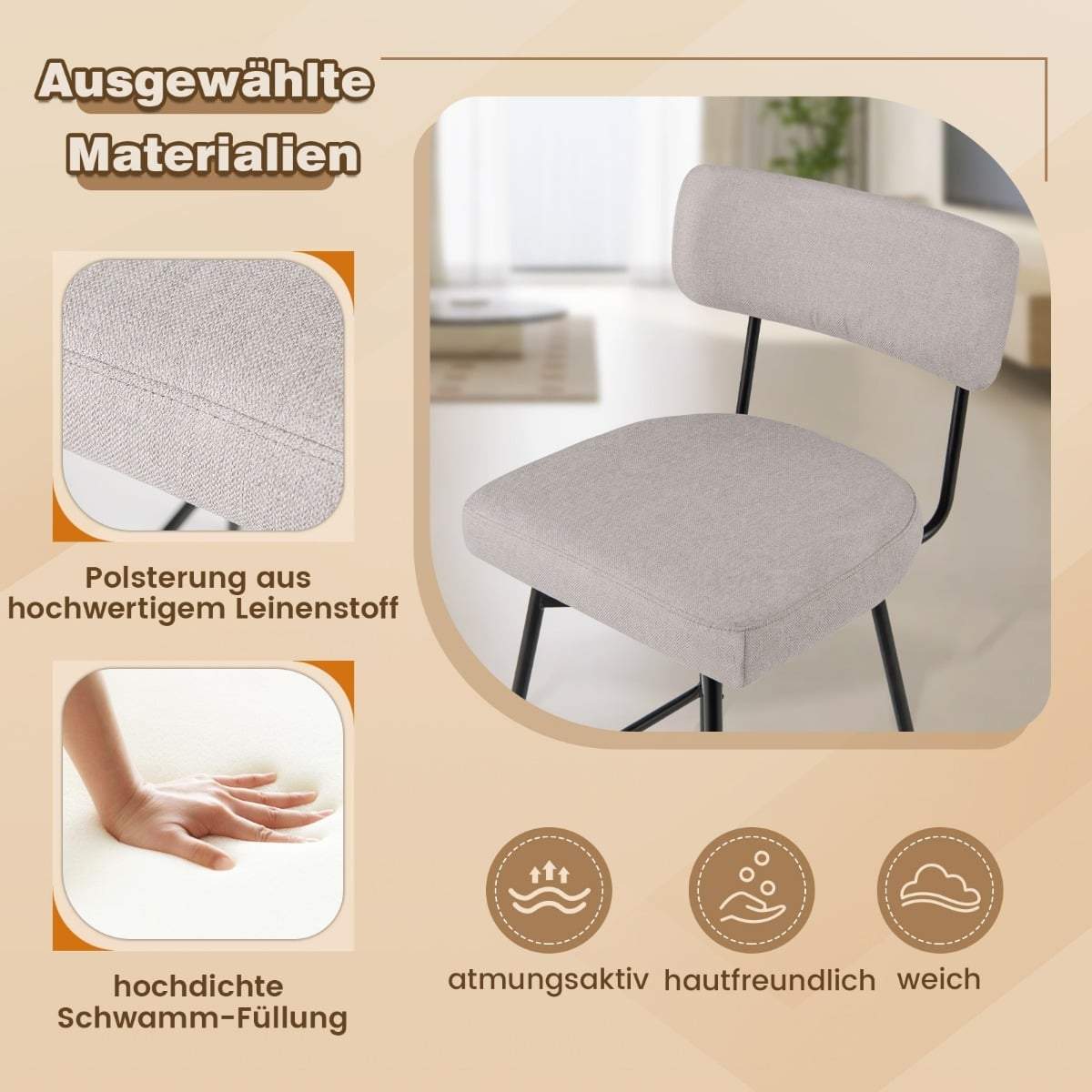 Drejebarstole sæt med 2, polstret, beige hør