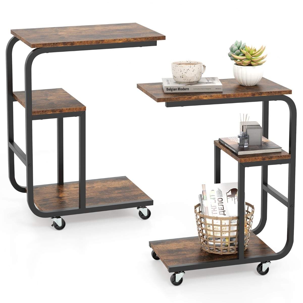 C-formede indskudsborde, rustikt træ, 3-lags opbevaring