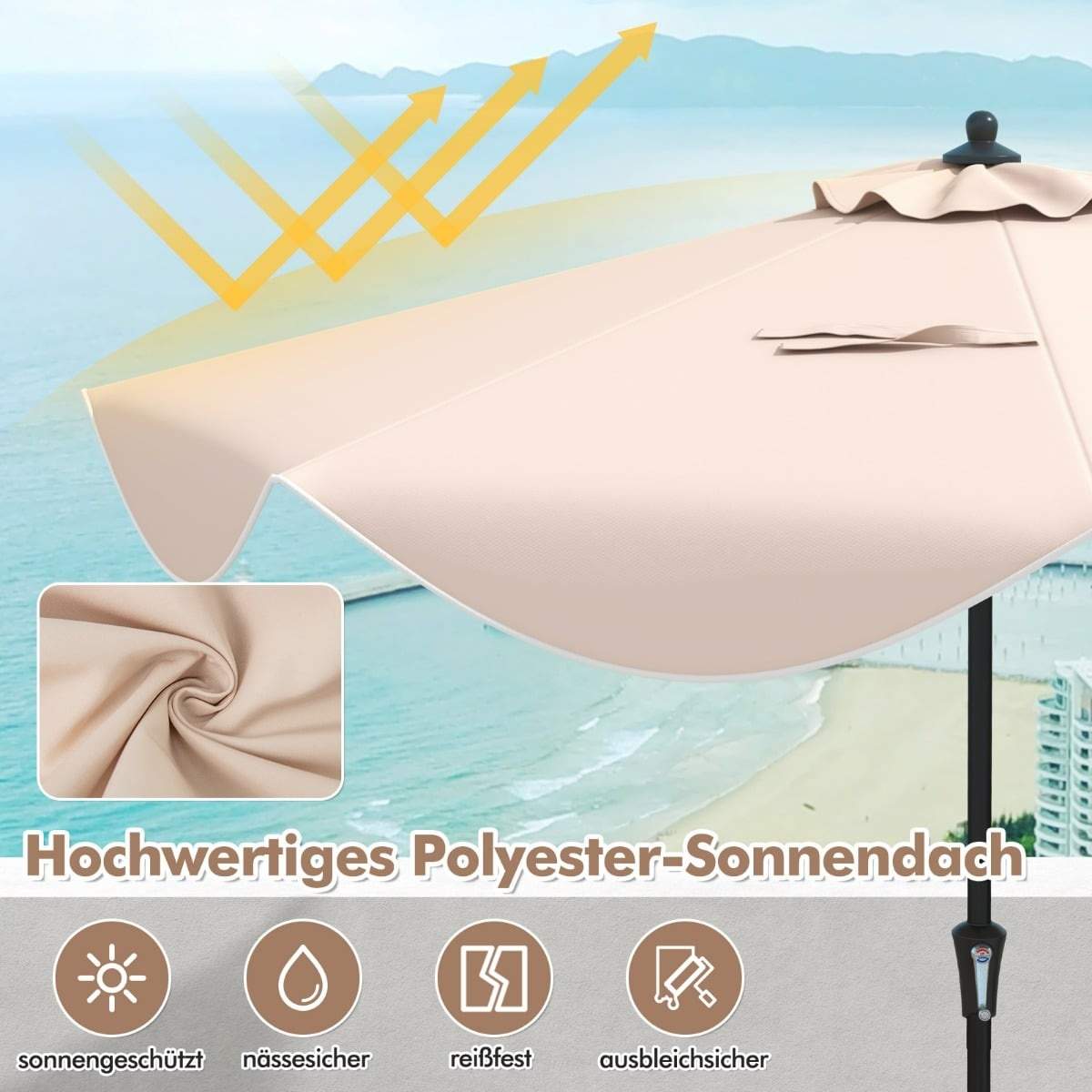 Beige terrasseparasol, vippe- og drejefunktion, 280 cm skygge