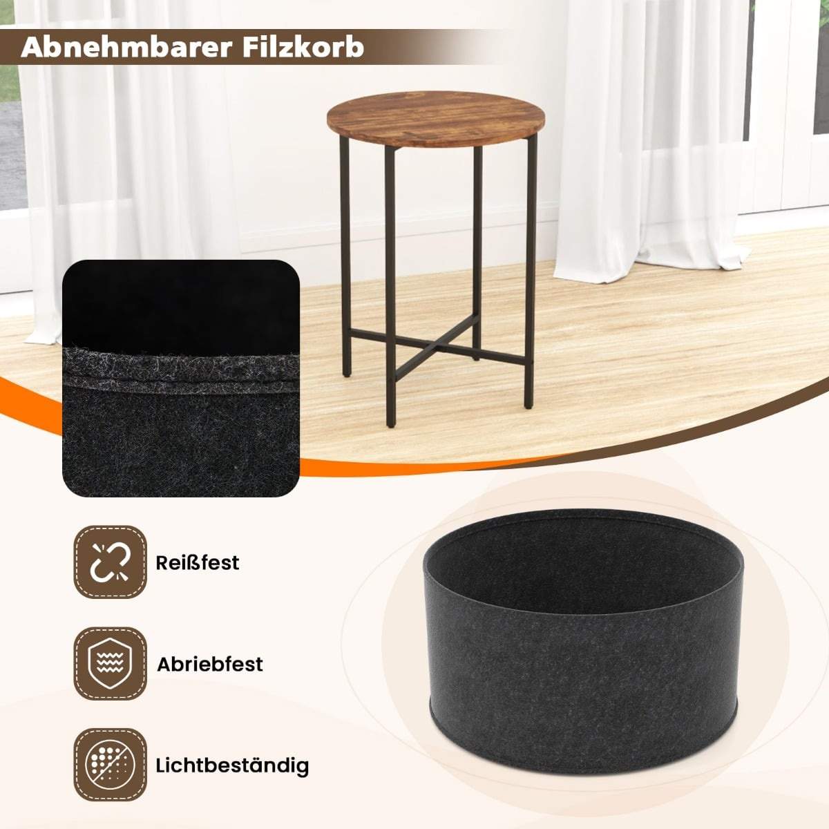 Rundt sidebord med aftagelig filtkurv – 44 cm