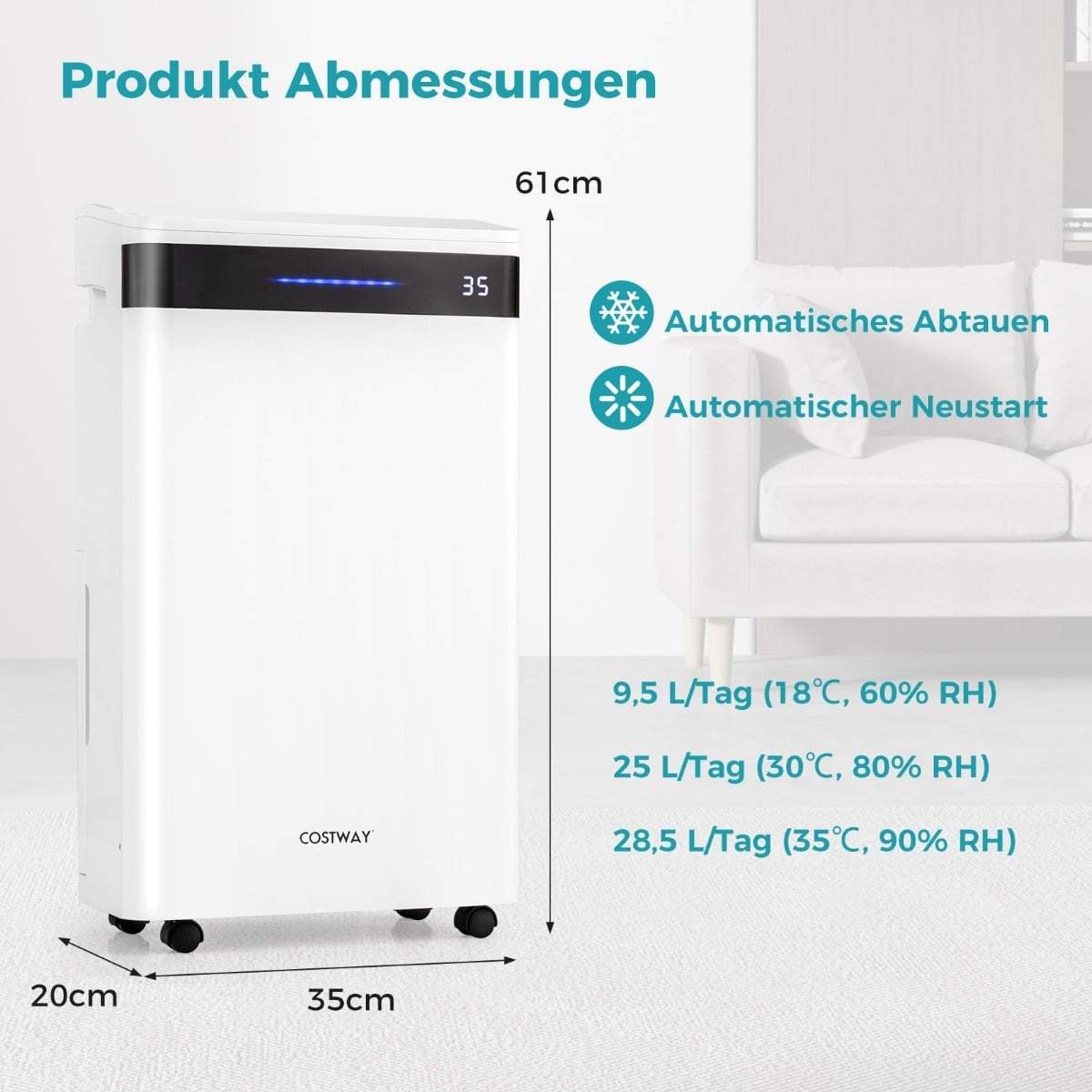 Avfuktare 28,5L, 4 lägen, 35m² täckning, vit | Hem & Hobby | Pryloteket
