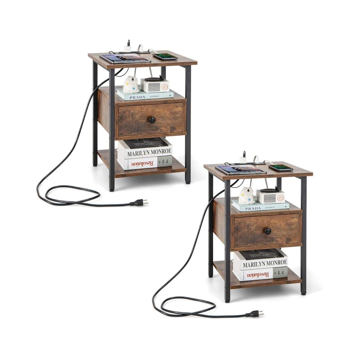 Natbord med ladestation og skuffe – sæt med 2, 40x40x55 cm