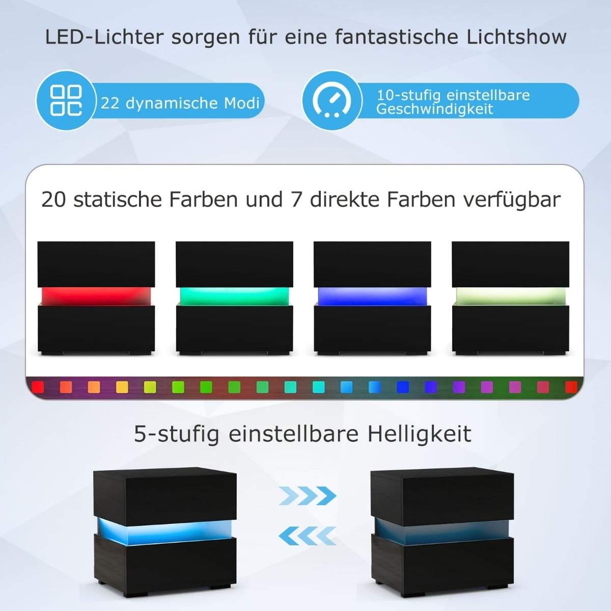 Sort LED natbordssæt – 2 skuffer, fjernbetjening