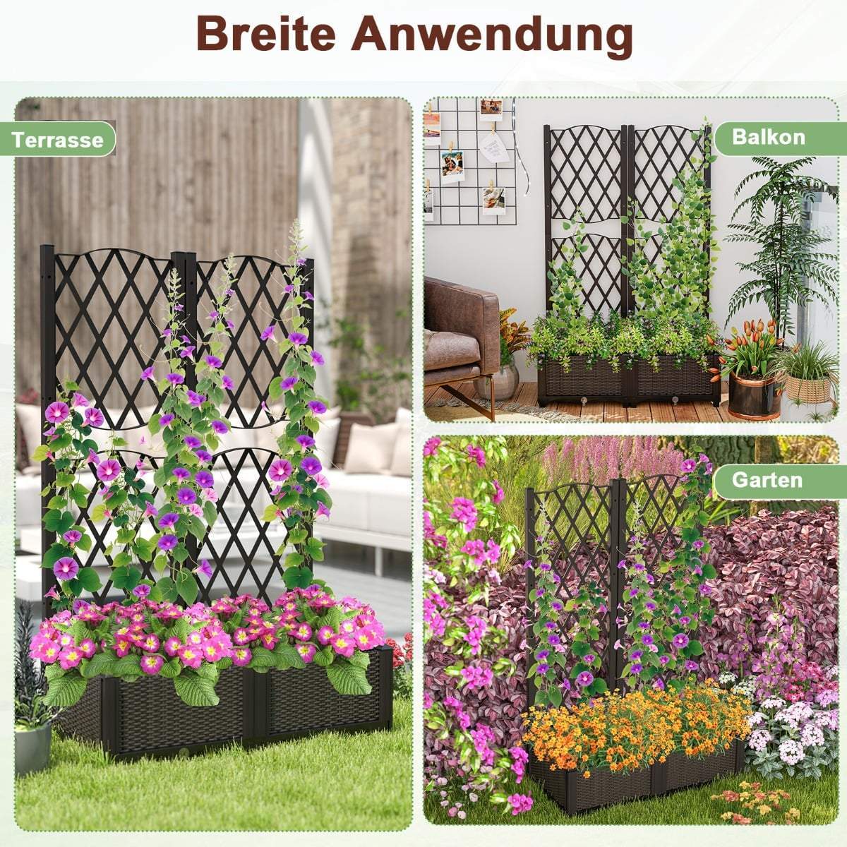 Hævet plantekasse med espalier, selvvandende, brun, 80x40x122 cm