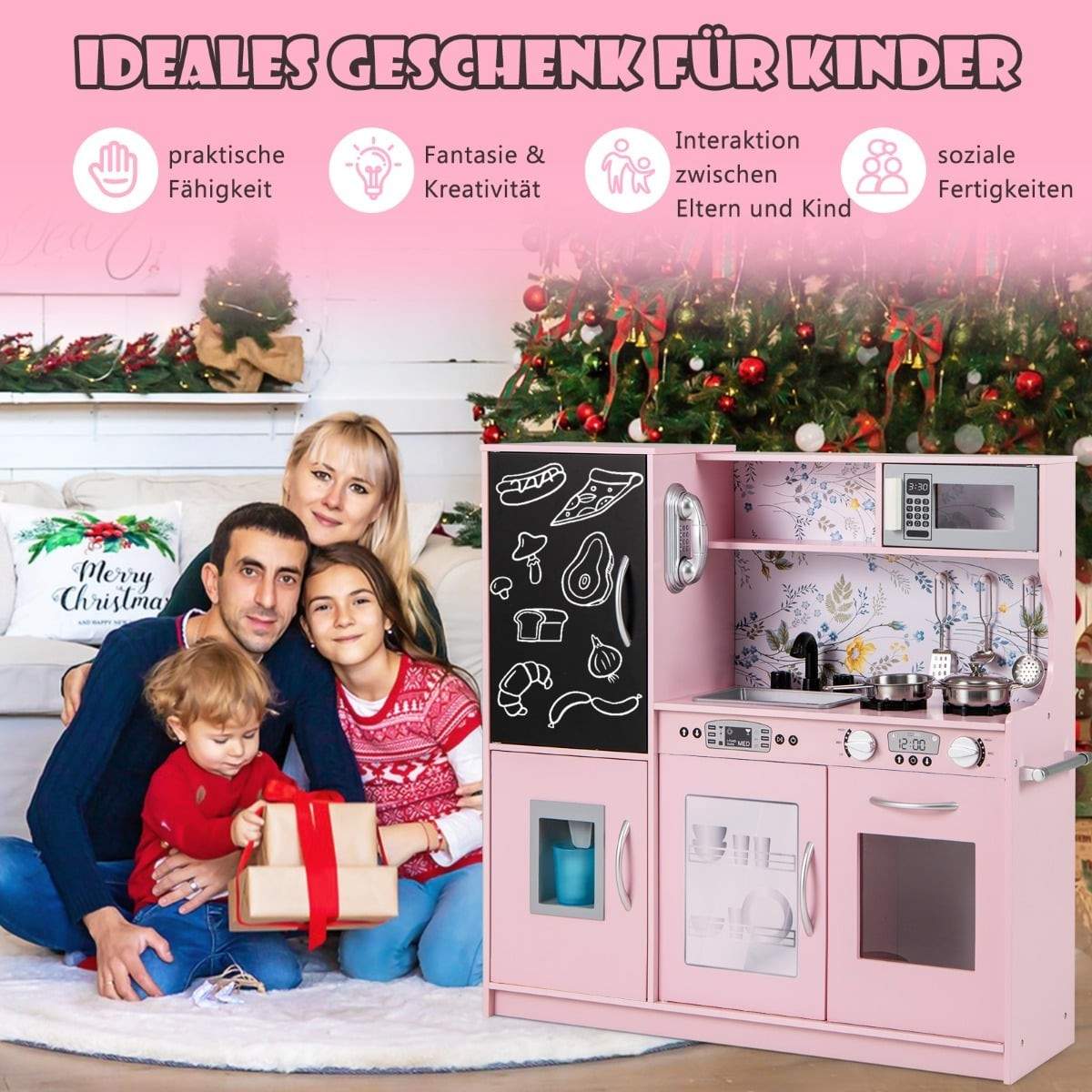 Legekøkkensæt til børn – lyserød, inklusive tavle og tilbehør