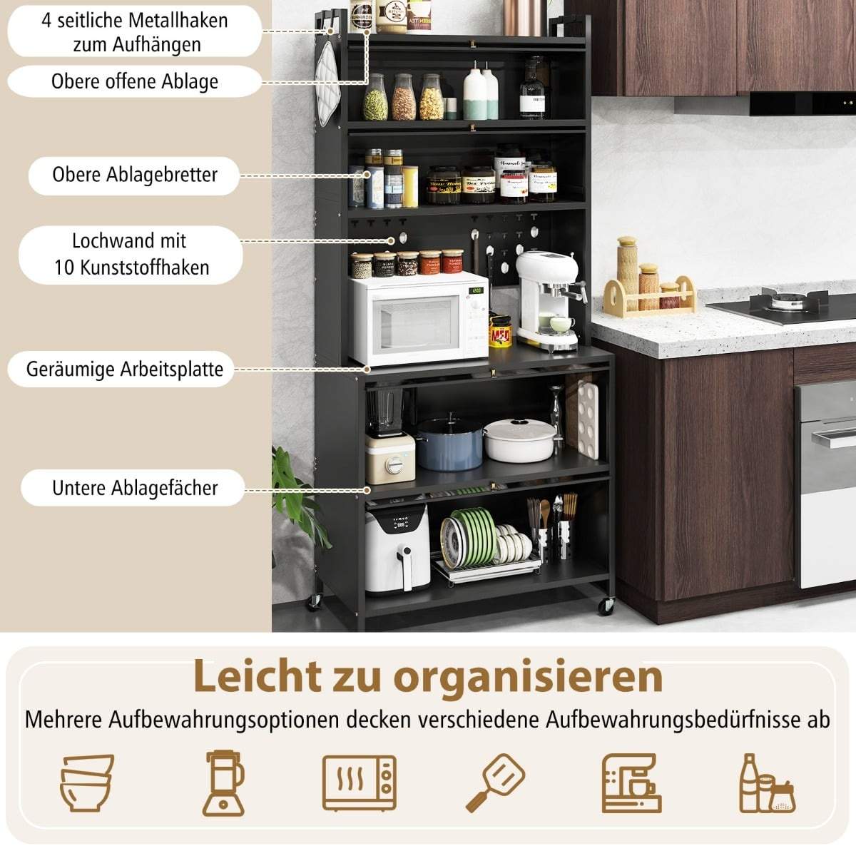 Køkkenskab med hylder – 6-lags, sort, alsidig opbevaring