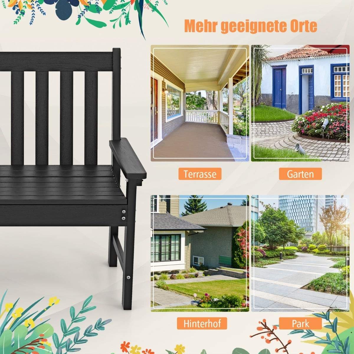 Utomhusbänk i HDPE – väderbeständig, 2-3-sits, svart | Hem & Hobby | Pryloteket