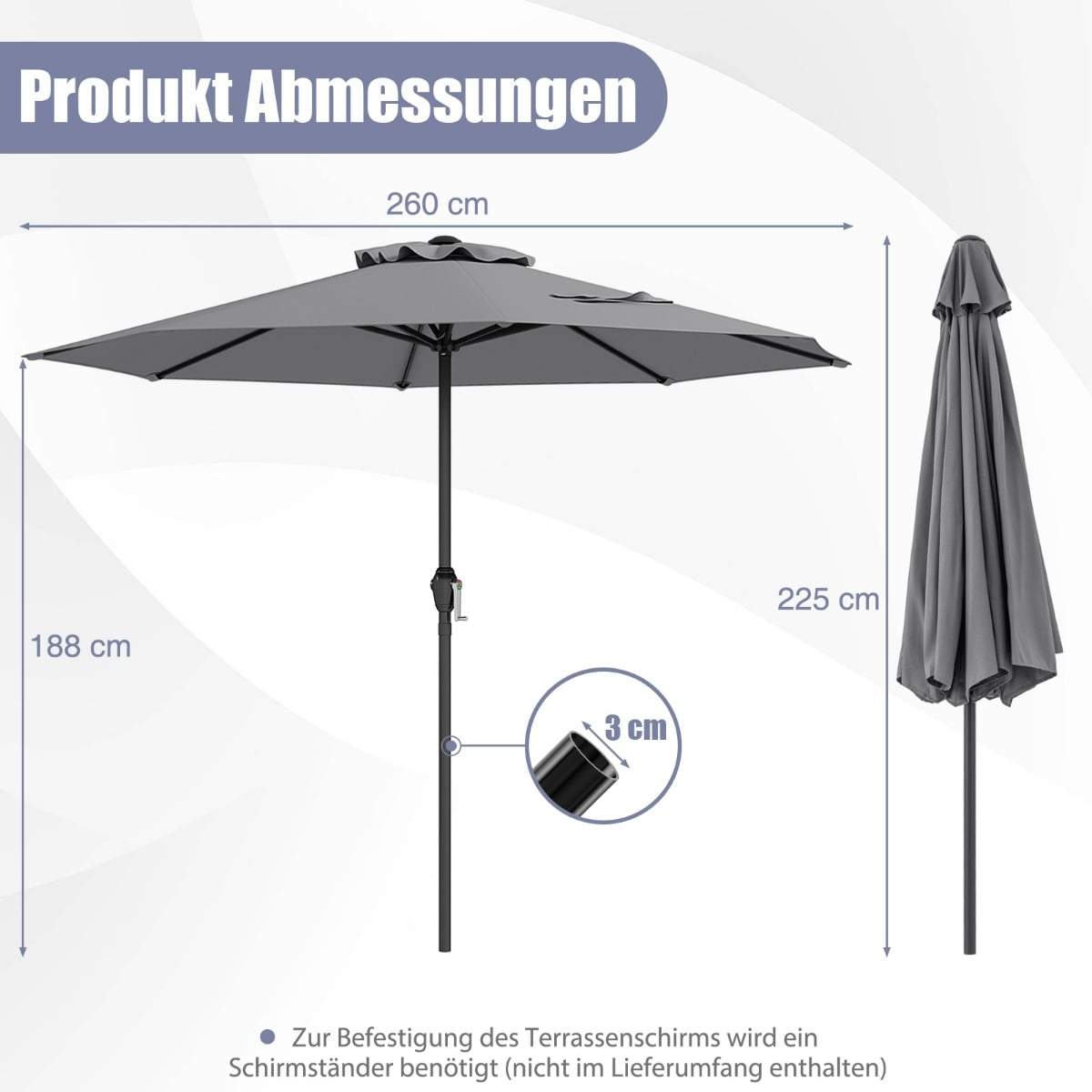 Terrasseparasol 250 cm, med håndsving, ventileret baldakin, grå