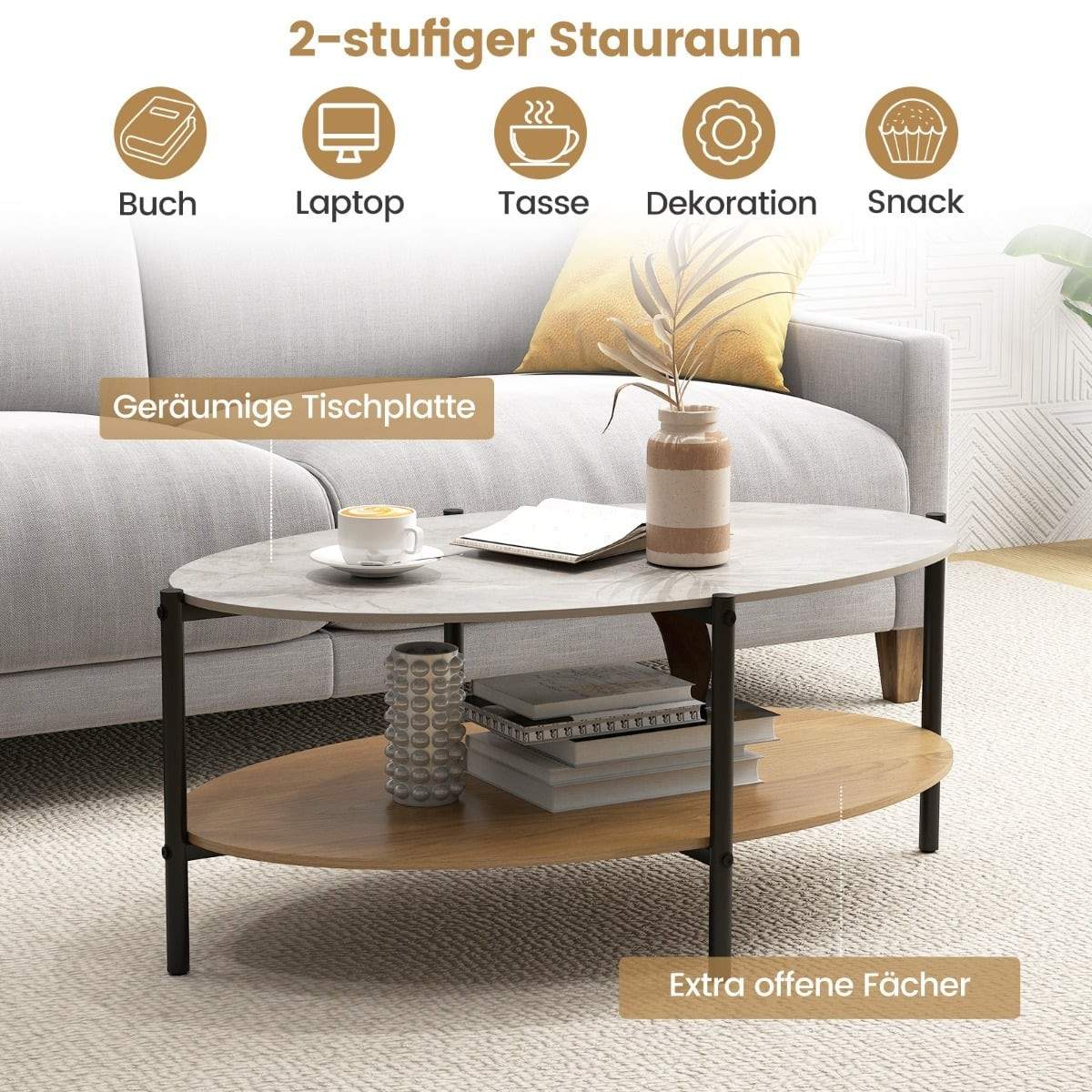 Ovalt soffbord – stengodsskiva, metallram, förvaring i två nivåer | Hem & Hobby | Pryloteket