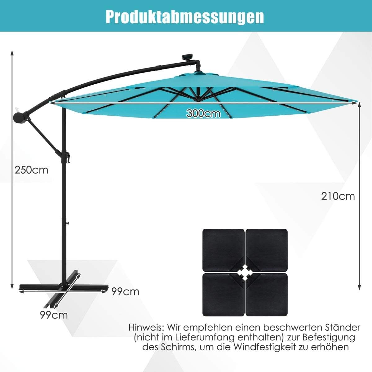 Turkis solcelledrevet terrasseparasol – 40 LED-lys, 300 cm skygge