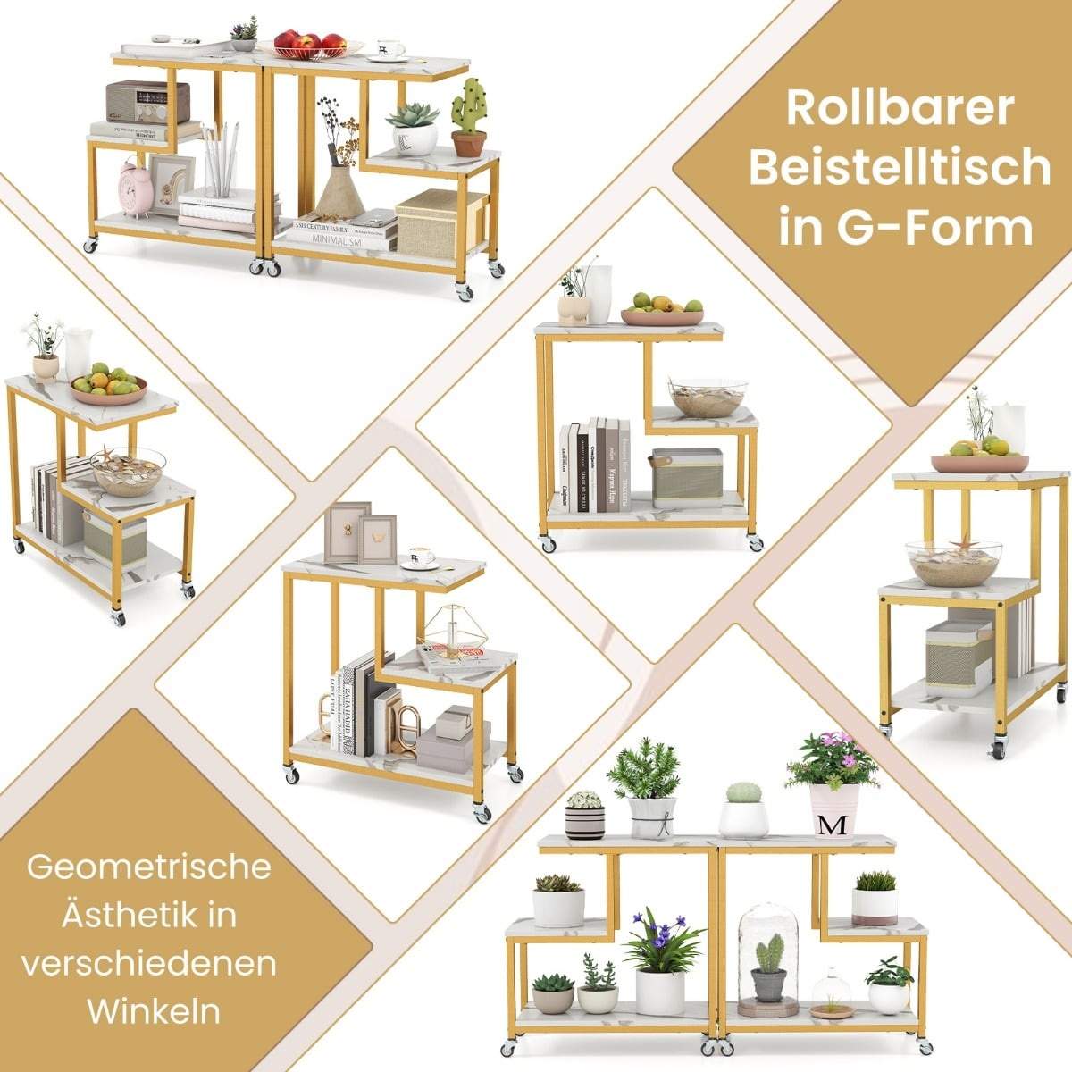 3-vånings rullande sidobord – marmorliknande, G-formad design | Hem & Hobby | Pryloteket