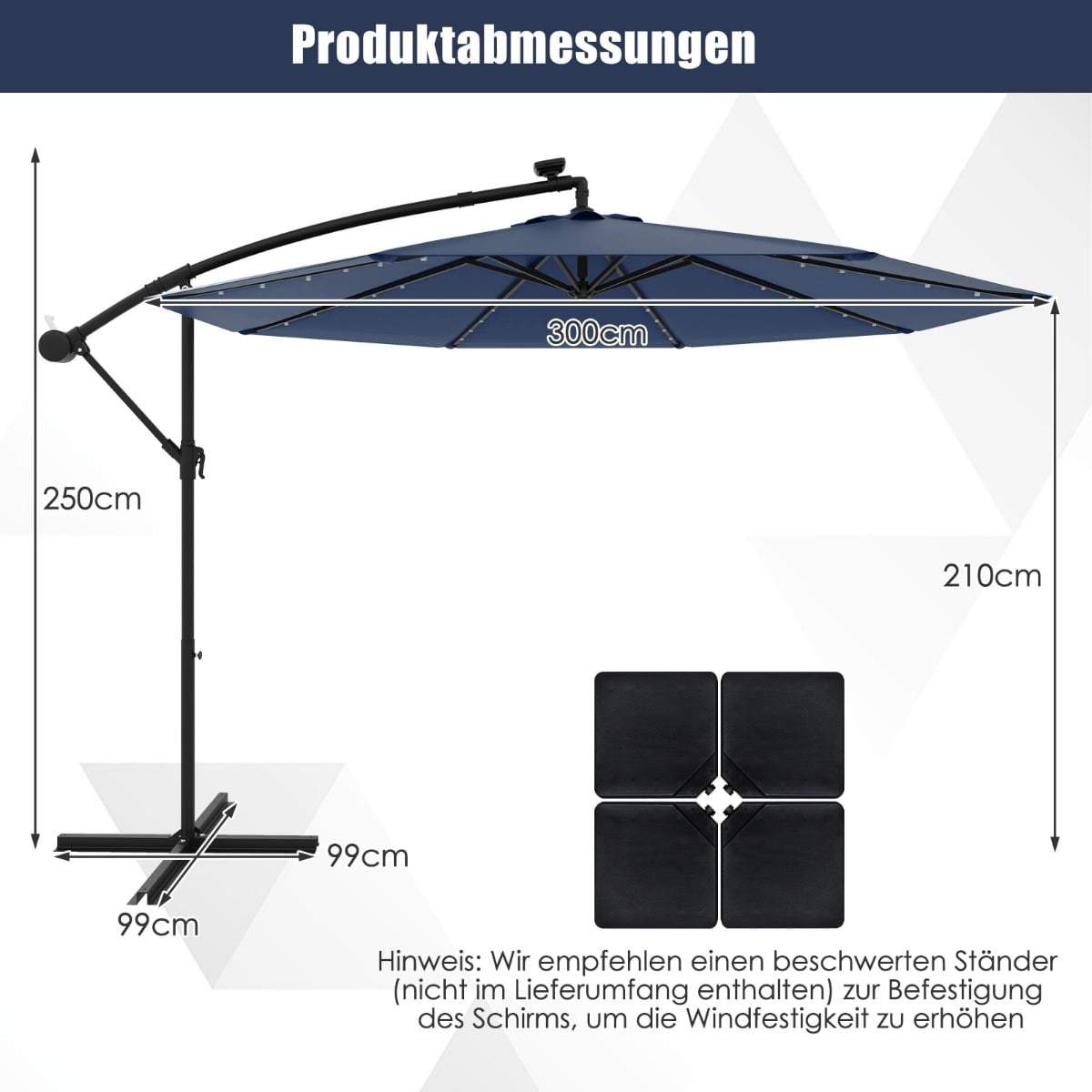 Solcelledrevet LED-parasol, 300 cm, justerbar vippefunktion, marineblå