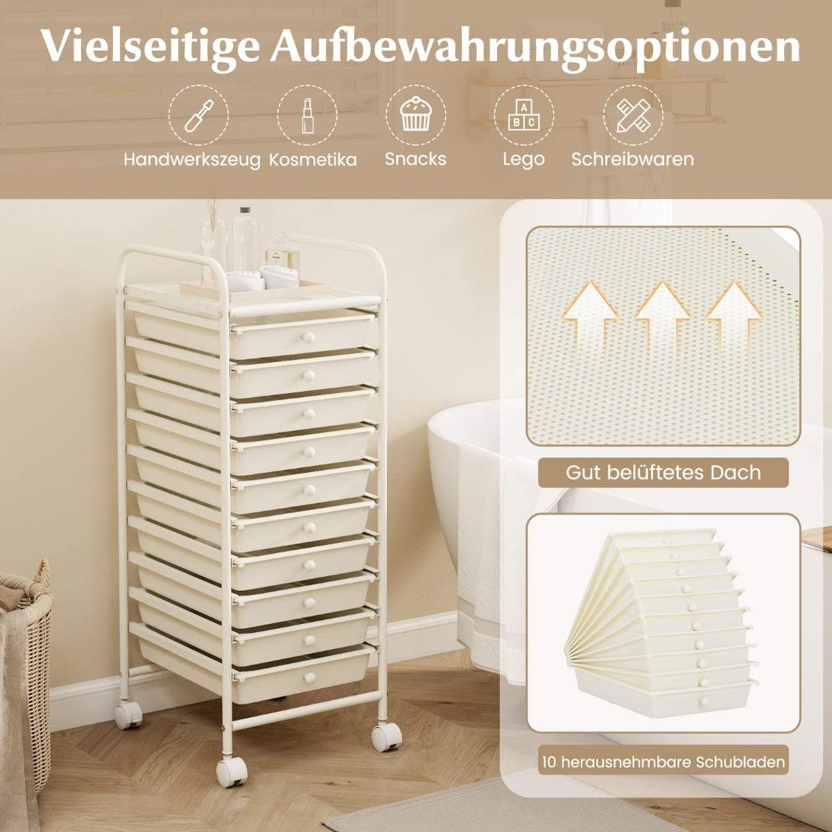 Förvaringsvagn med 10 lådor – Kromram, enkel mobilitet | Hem & Hobby | Pryloteket