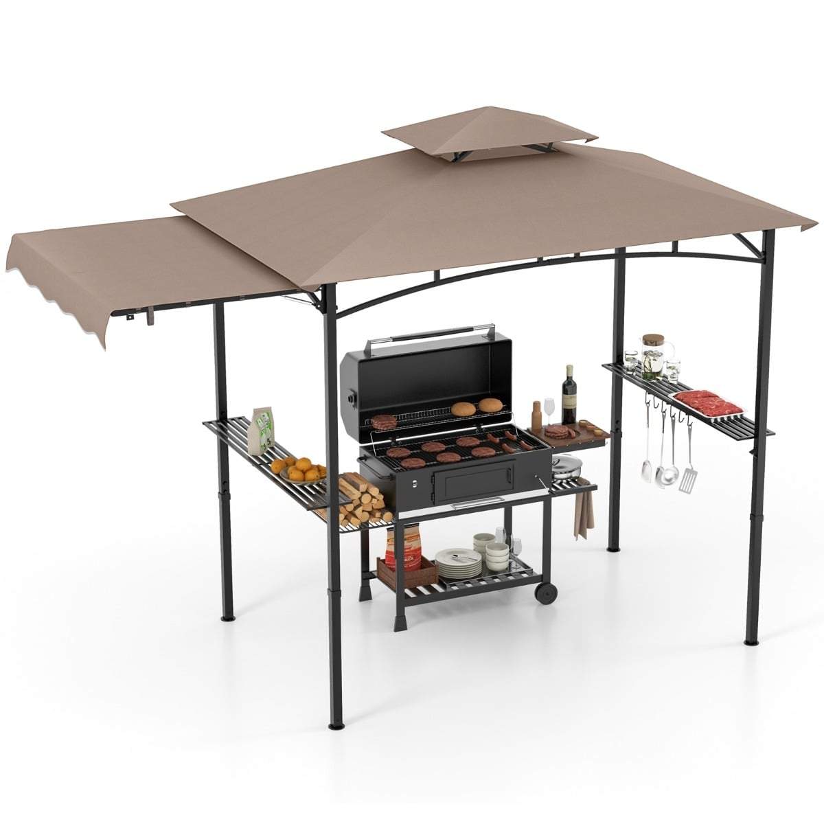 Grillpavillon med sidemarkise, dobbelttag og hylder