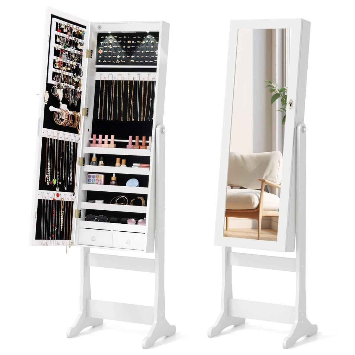 Smyckesskåp med LED-lampor och helfigursspegel | Hem & Hobby | Pryloteket
