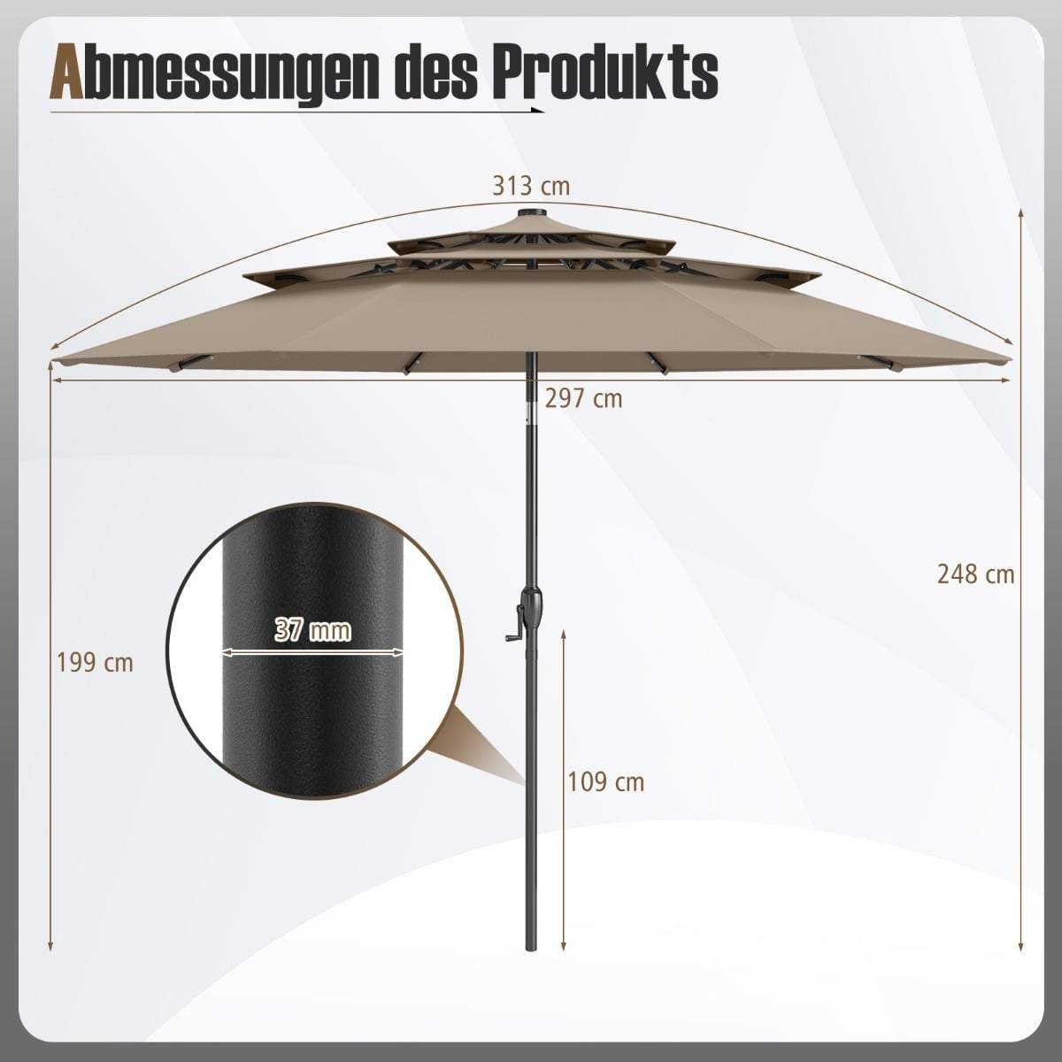 3-lags terrasseparasol med solcelledrevne LED-lys – brun