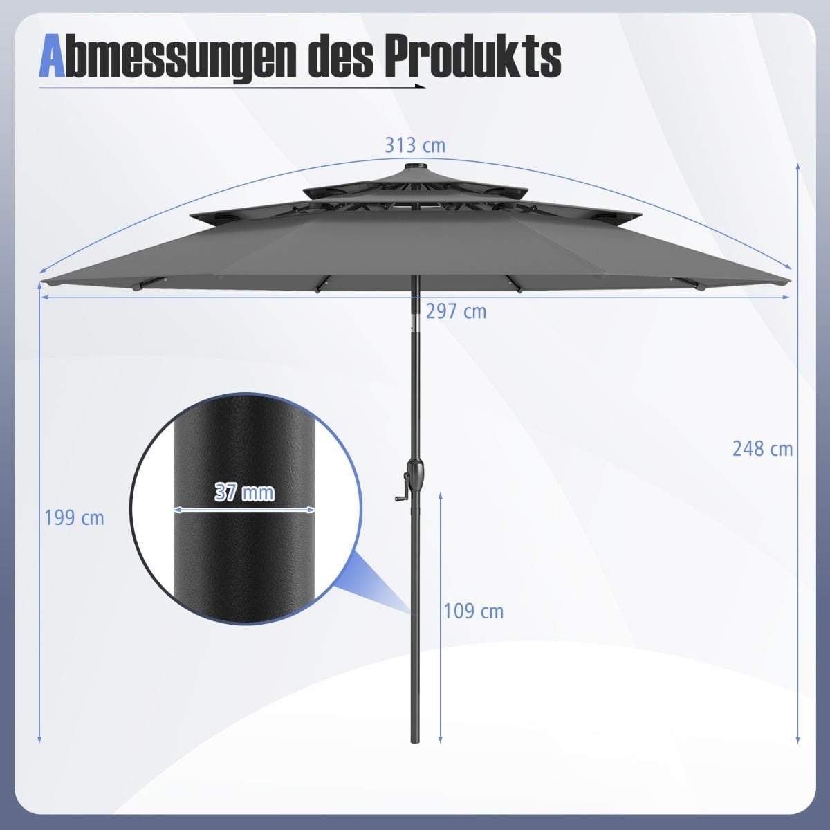 3-lags solcelledrevet terrasseparasol, LED-lys, vippe- og drejefunktion