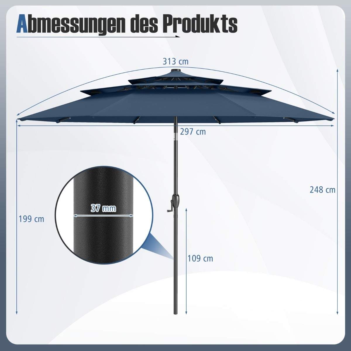 3-lags solcelledrevet terrasseparasol med LED-lys – marineblå