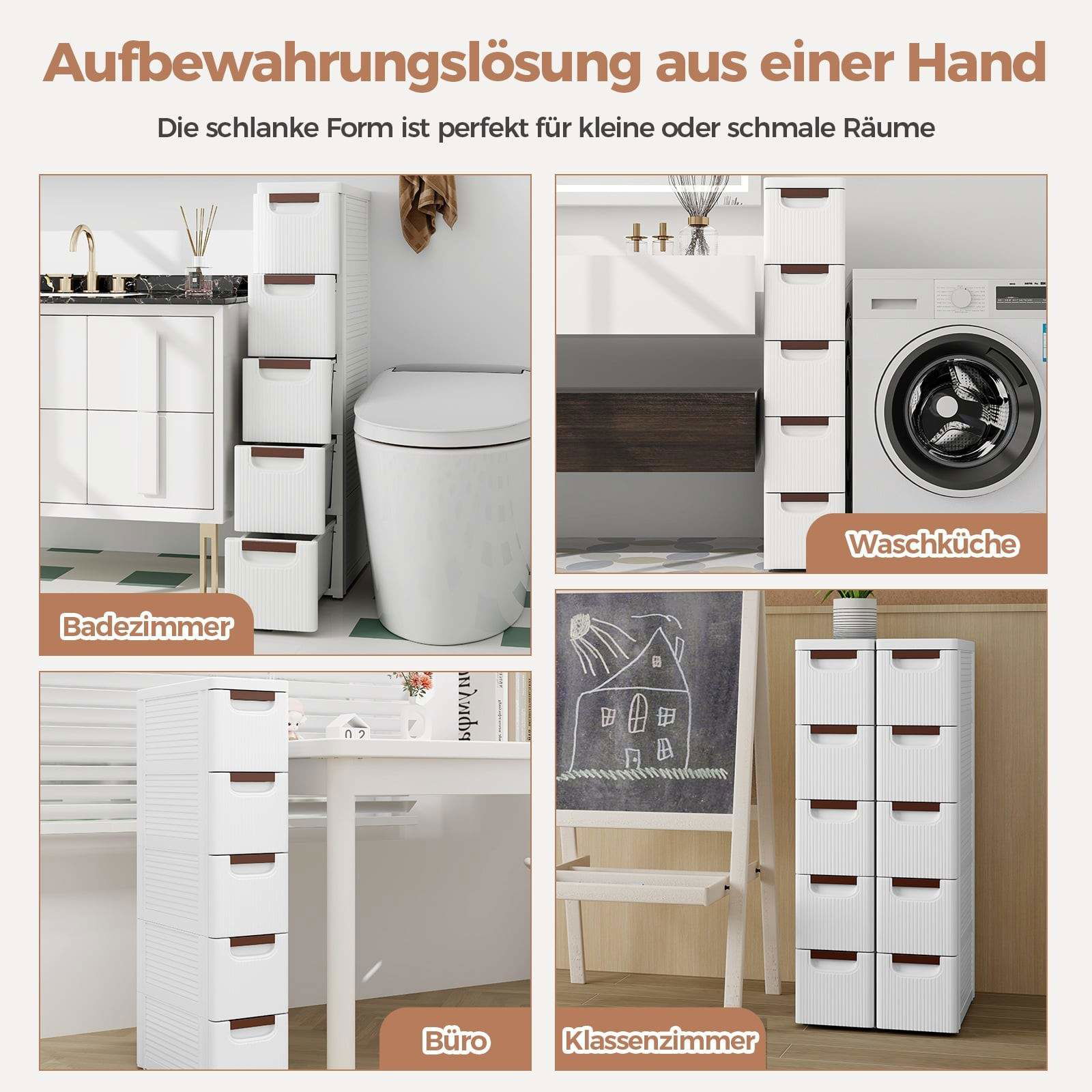 Smal rullande förvaringsvagn, 5 lådor, 20 cm bred, vit | Hem & Hobby | Pryloteket