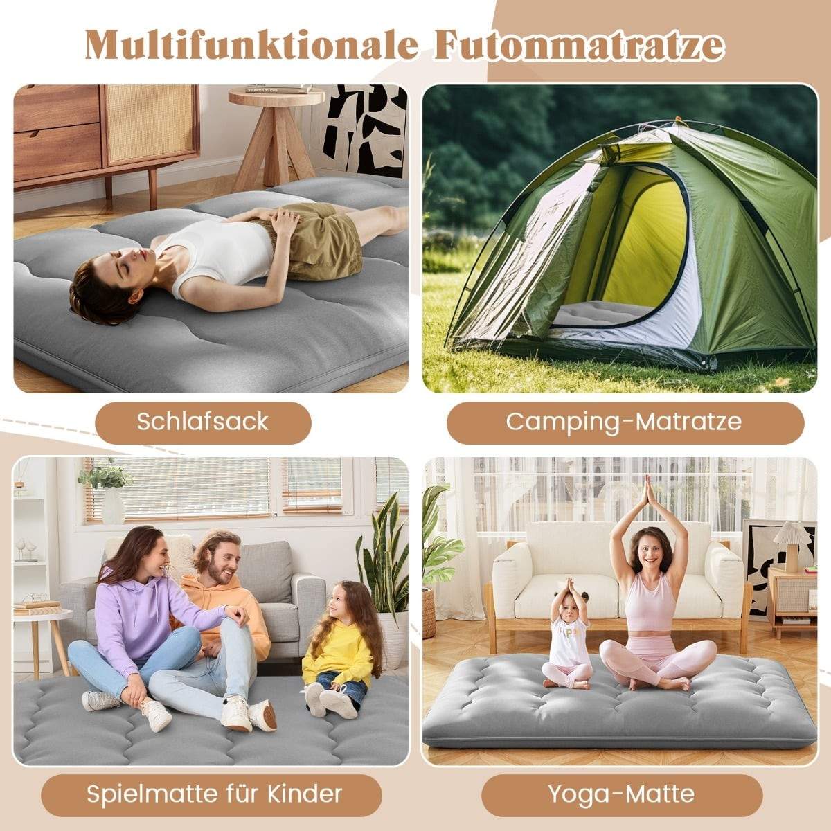 Japansk futonmadras, vaskbart betræk og bæretaske, 140x200 cm