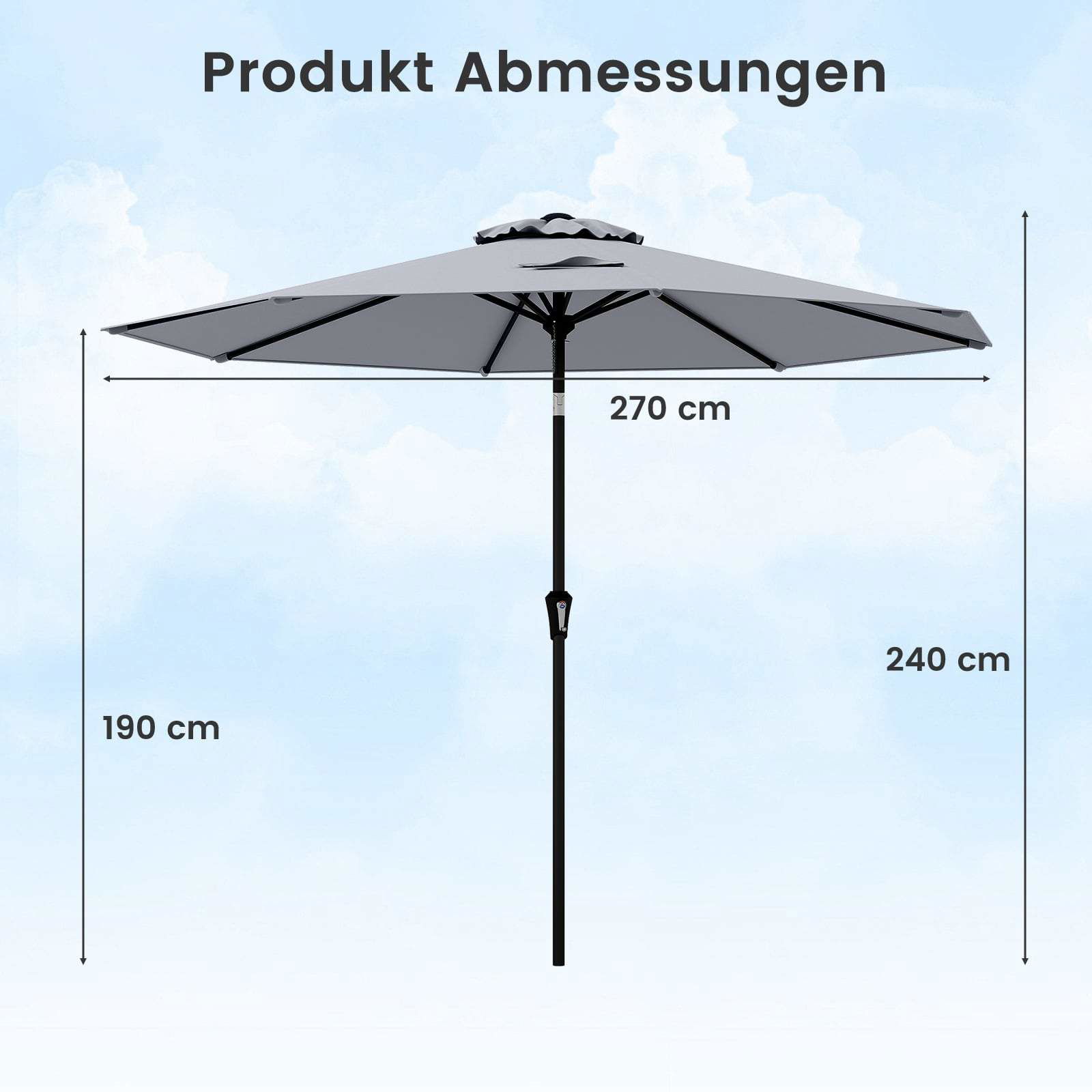 270 cm grå terrasseparasol – vipbar og drejelig, UV-beskyttelse