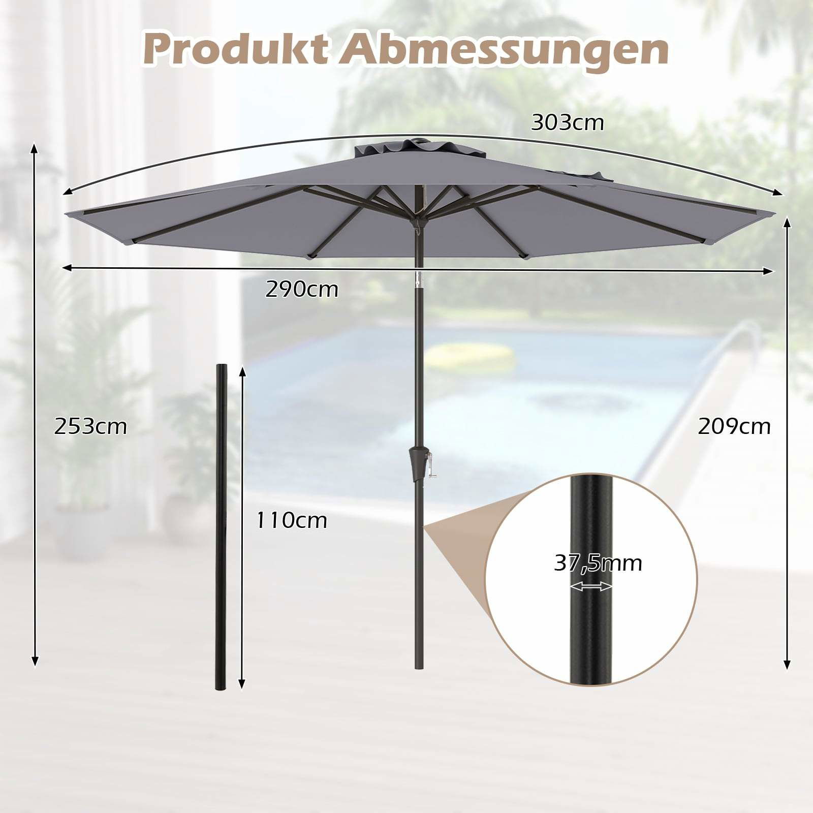 Grått parasoll, 300 cm, vridbart och justerbart, väderbeständigt | Hem & Hobby | Pryloteket