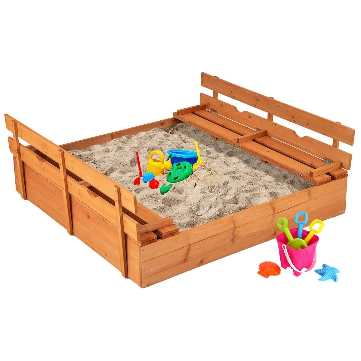 Sandlåda i cederträ med bänkar och överdrag – 120x120 cm | Hem & Hobby | Pryloteket