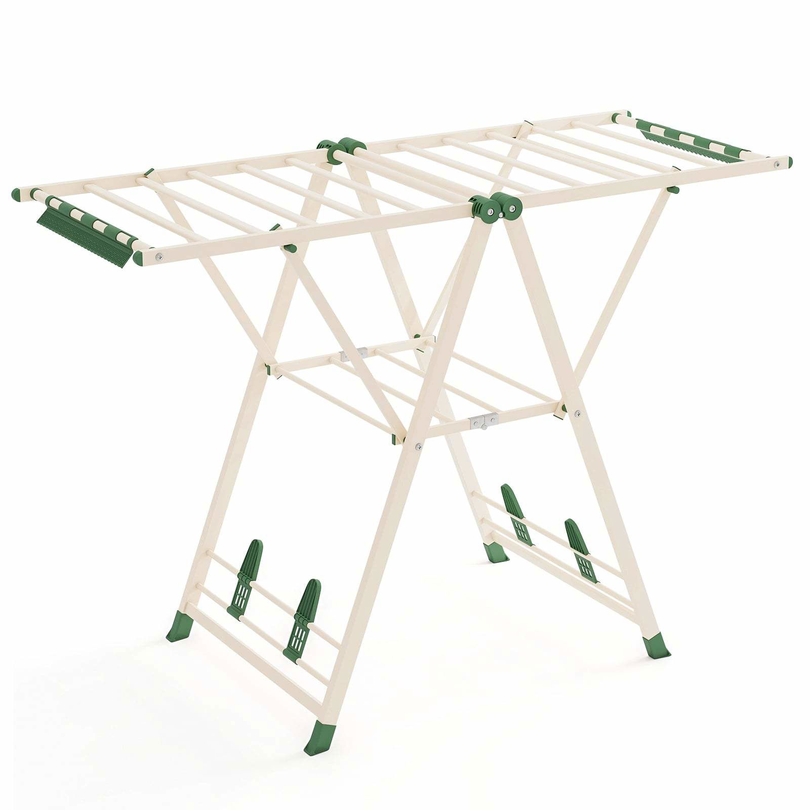 Sammenklappeligt tørrestativ med justerbare vinger og skohylde