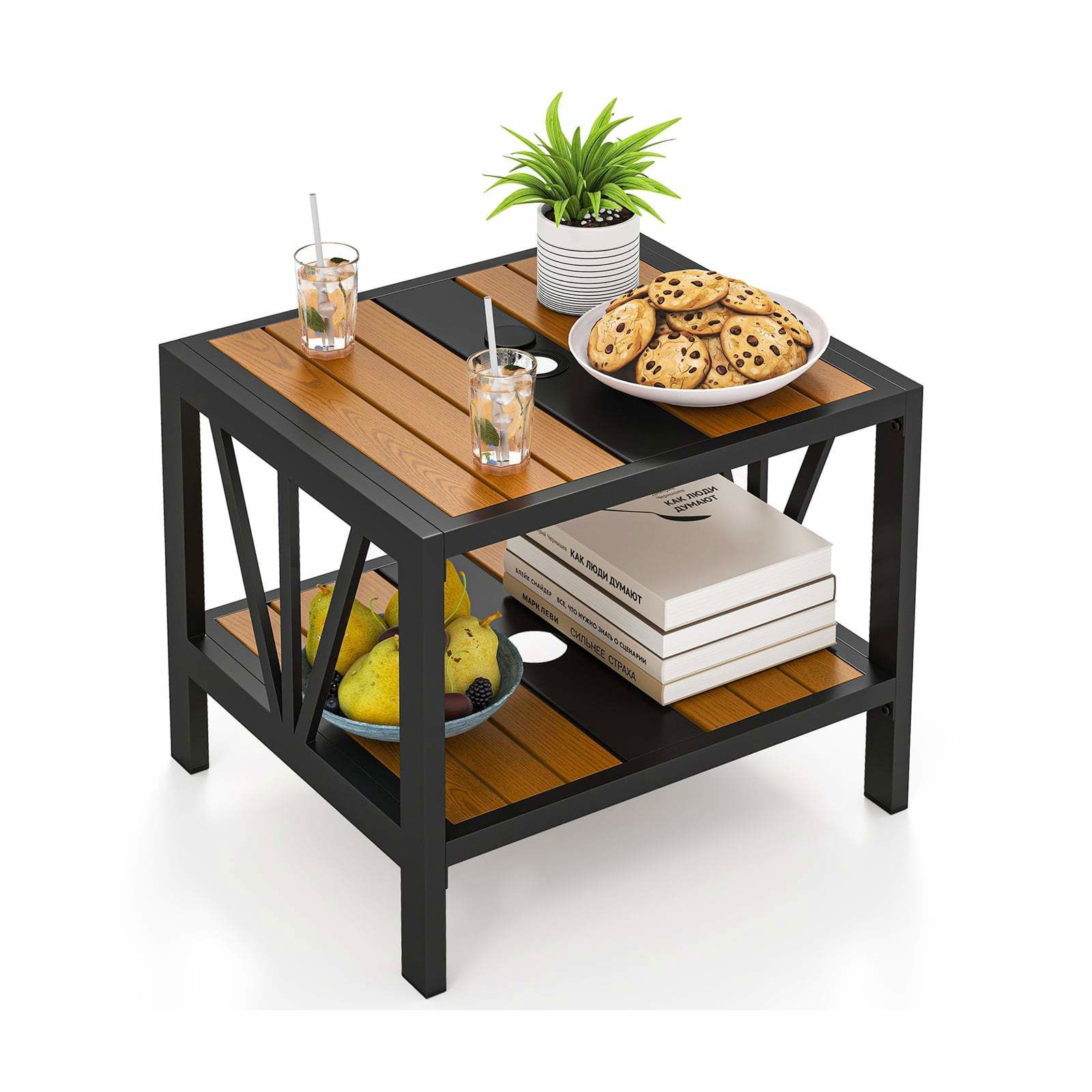 Udendørs sidebord med parasolhul – metal, 2-lags, 52x46x45 cm