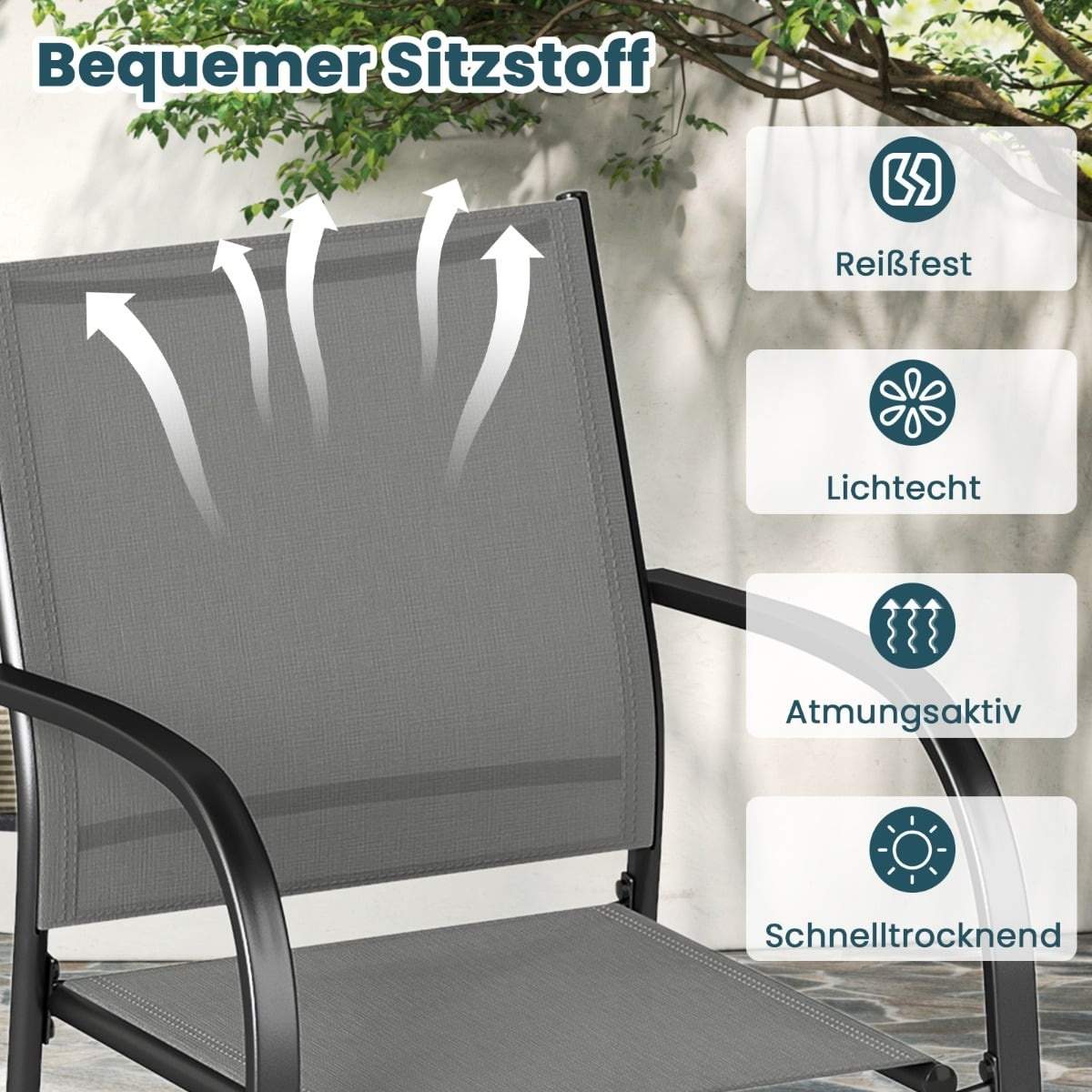 Stabelbare udendørsstole, sæt med 2 – grå metal og stof