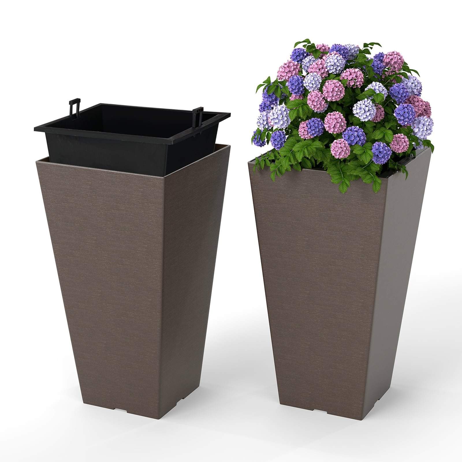 Selvvandende plantekasser, 2-pak med drænhuller, brun