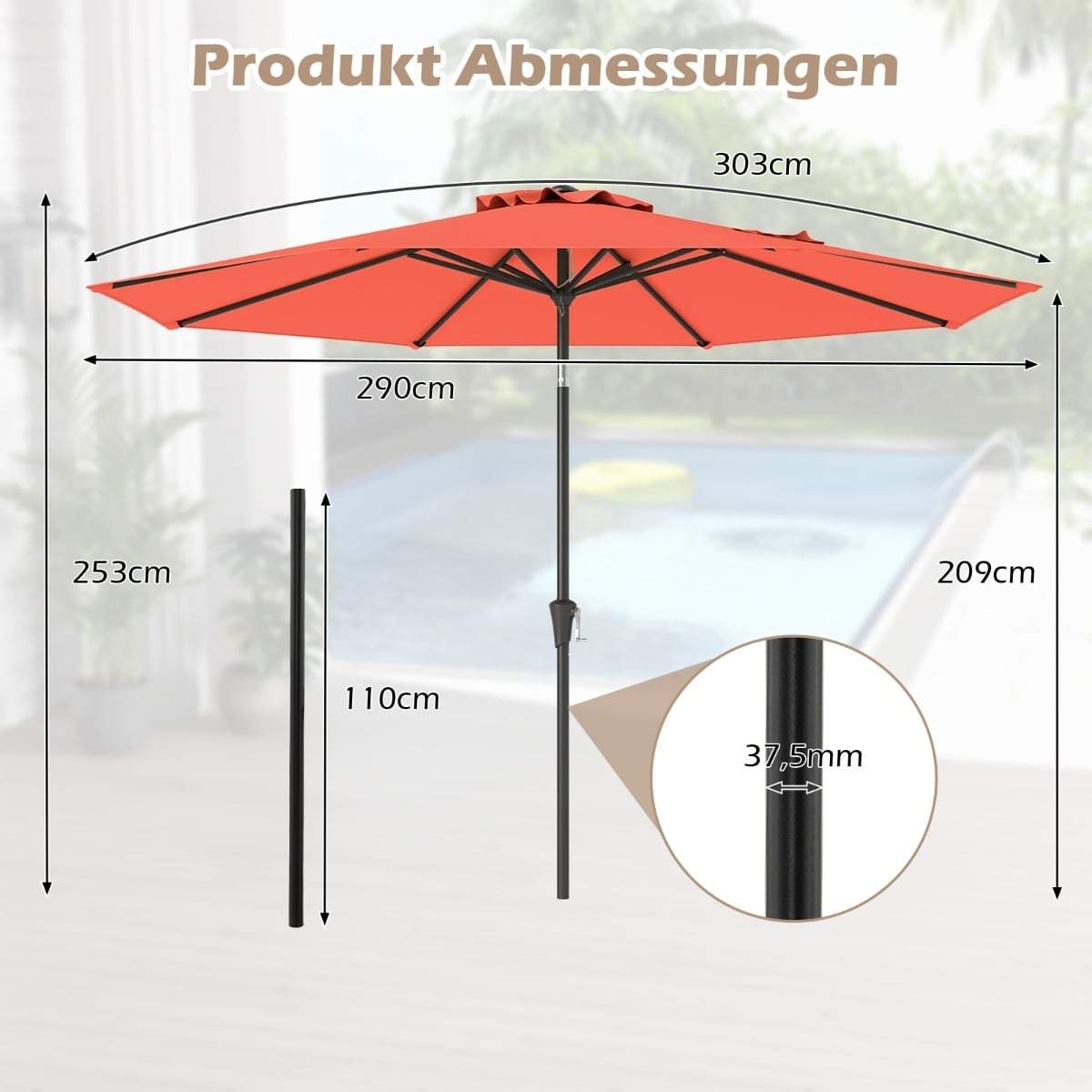 Orange terrasseparasol – 300 cm, vipbar og drejelig, vejrbestandig