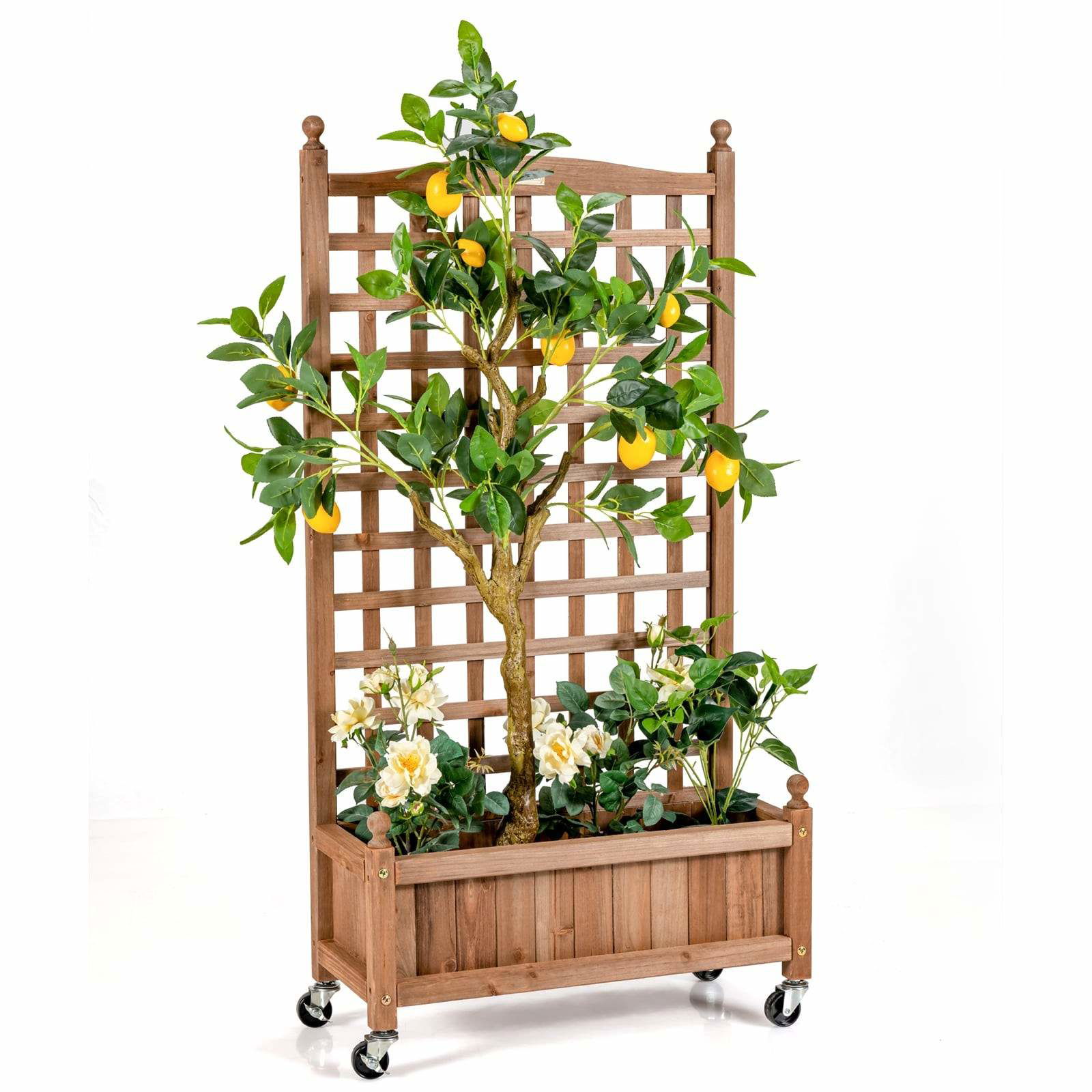 Træplantekasse med espalier og hjul – 64x28x127 cm