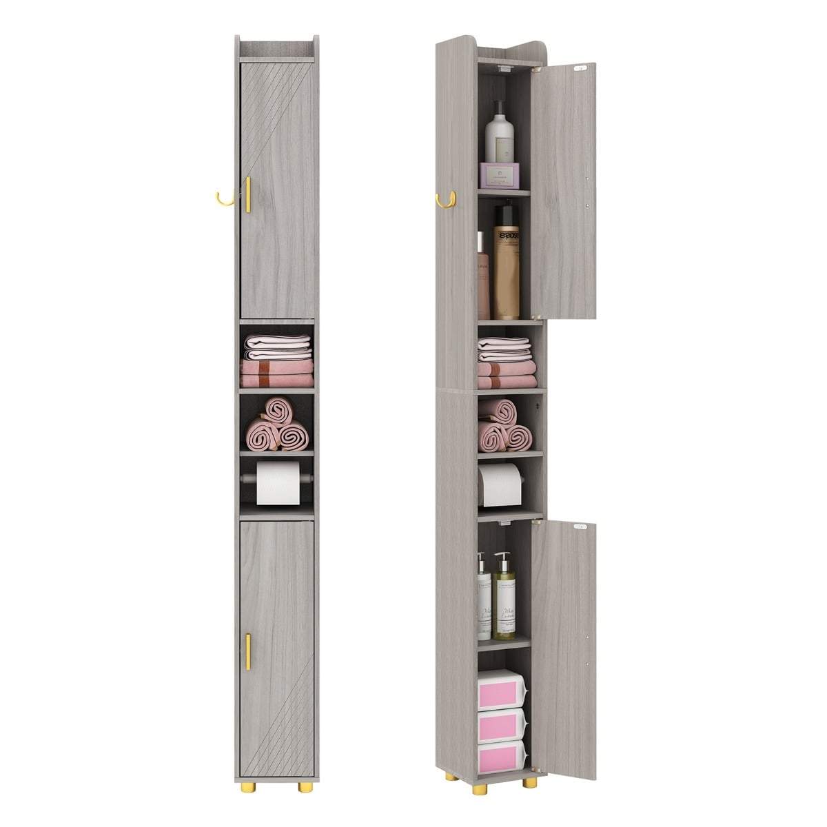 Højt badeværelsesskab med toiletpapirholder og krog